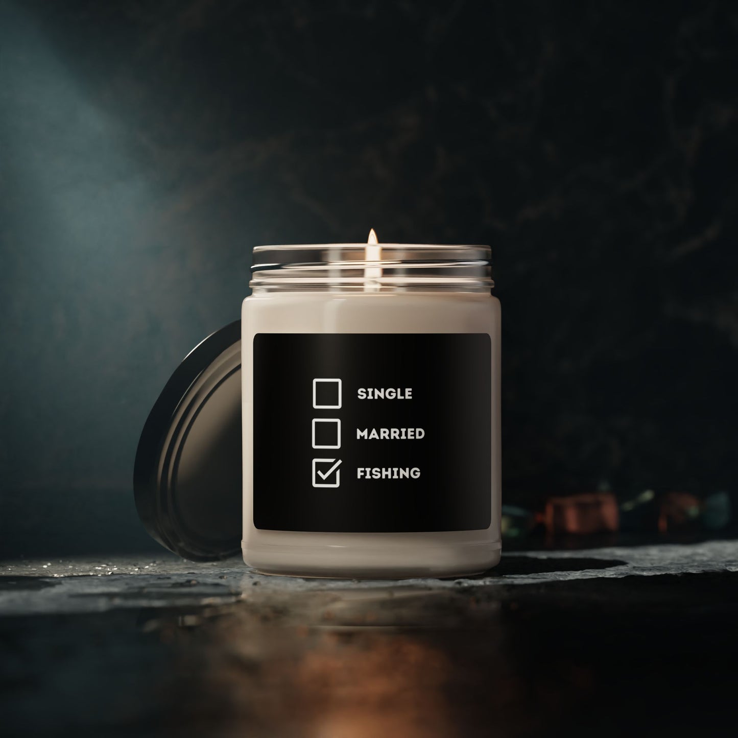 "Single, Married, Fishing Check Box" Scented Soy Candle - Perfect Gift for Anglers