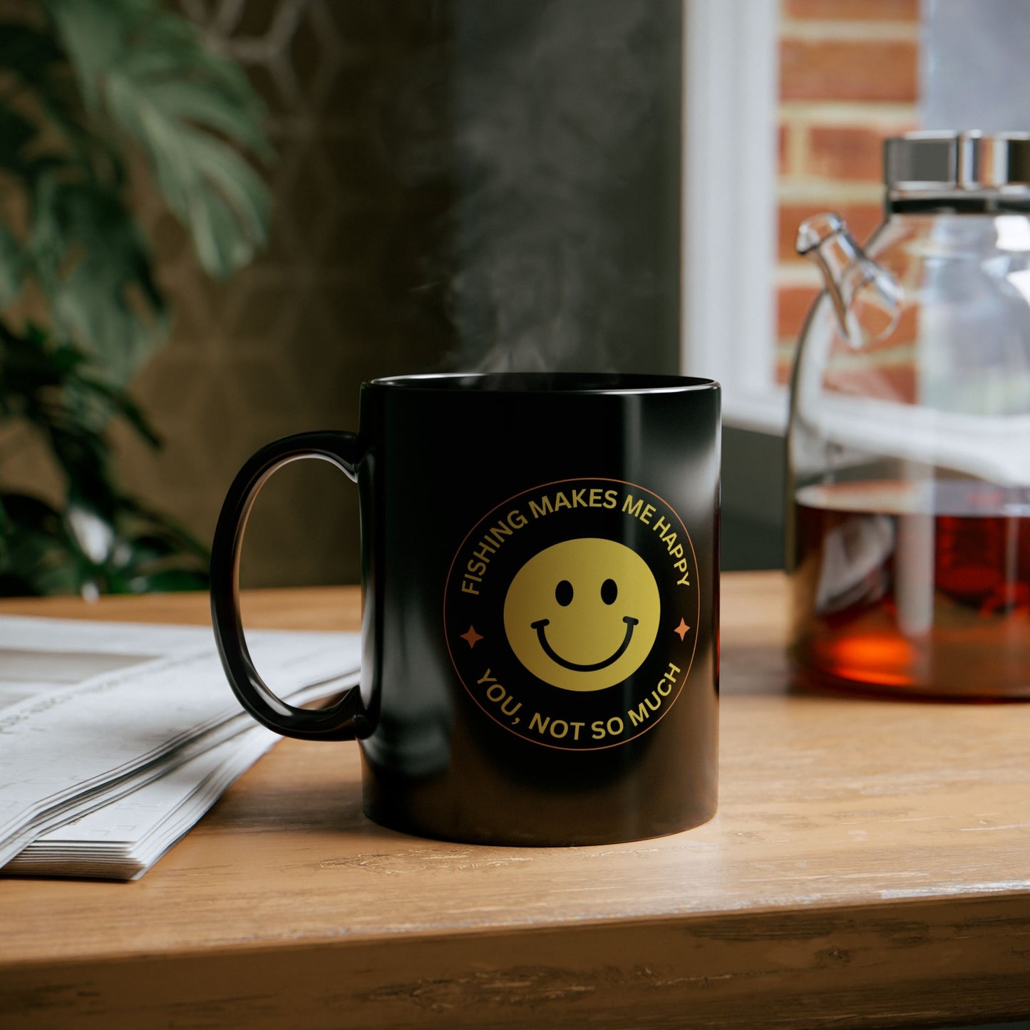 "Fishing Makes Me Happy" Black Mug - Fun Coffee Cup for Fishing Enthusiasts