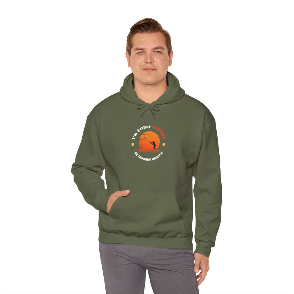 "I'm Either Fishing or Thinking About It" Funny Fishing Heavy Blend™ Hooded Sweatshirt — Gift for Anglers