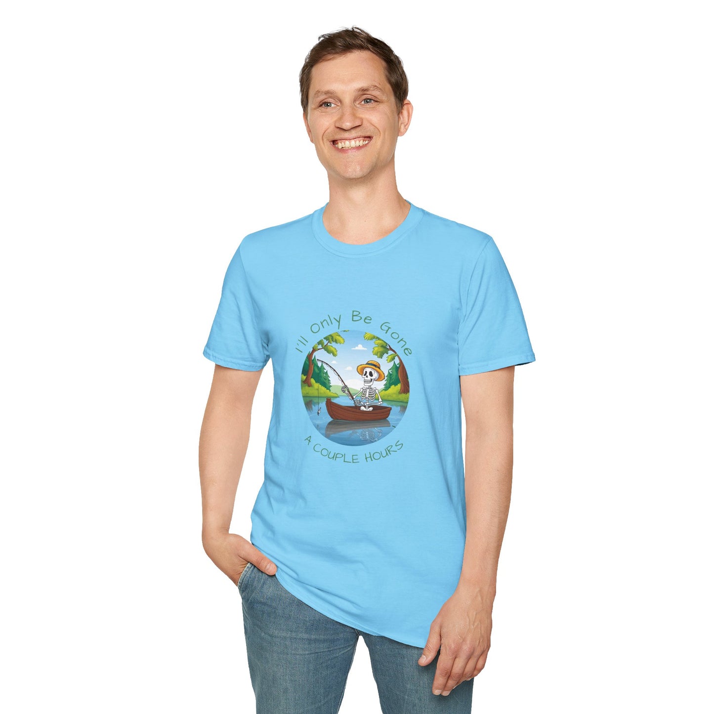 "I'll Only Be Gone A Couple Hours" Fishing Theme Unisex Softstyle T-Shirt – Perfect for Nature Lovers & Weekend Adventurers