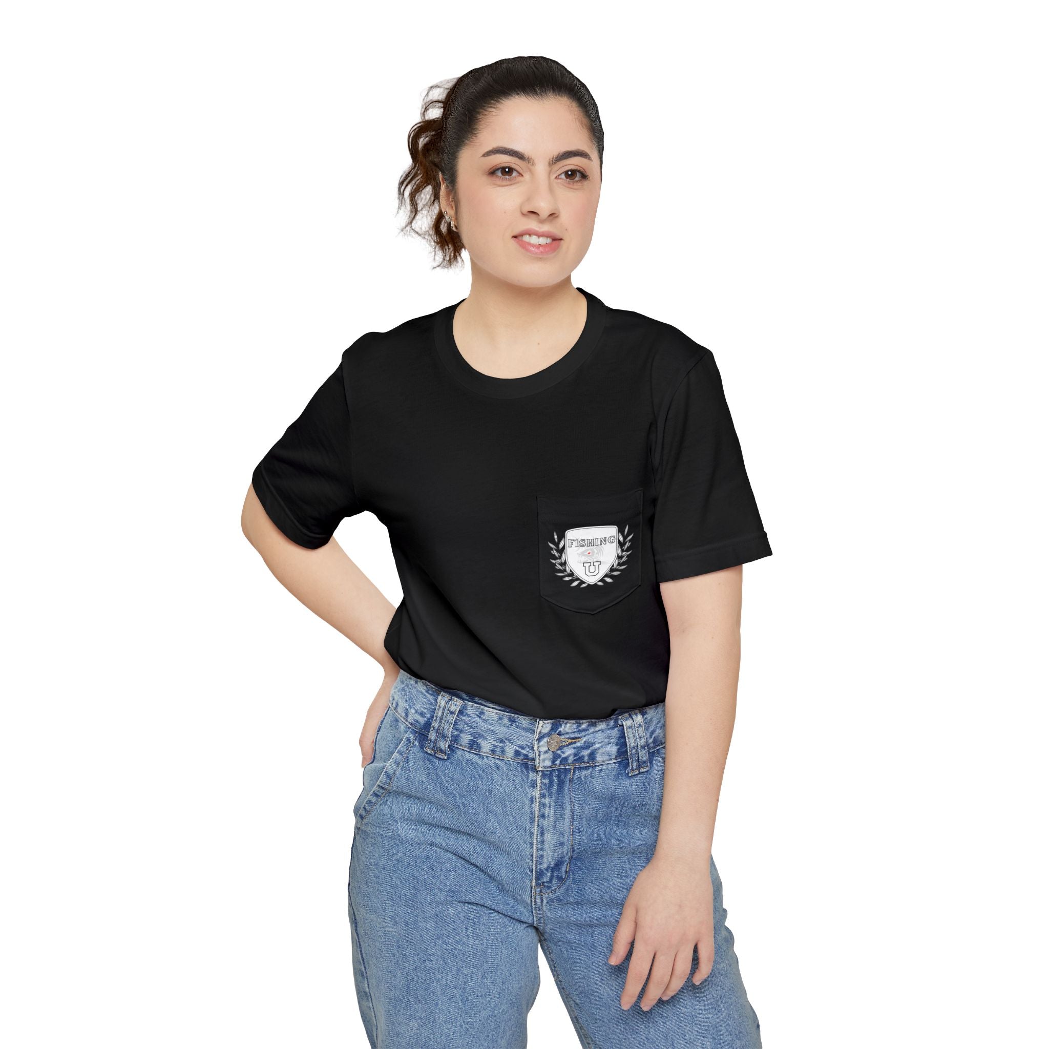 "Fishing University" Unisex Pocket T-Shirt - Unique Graphic Tee for Casual Style.