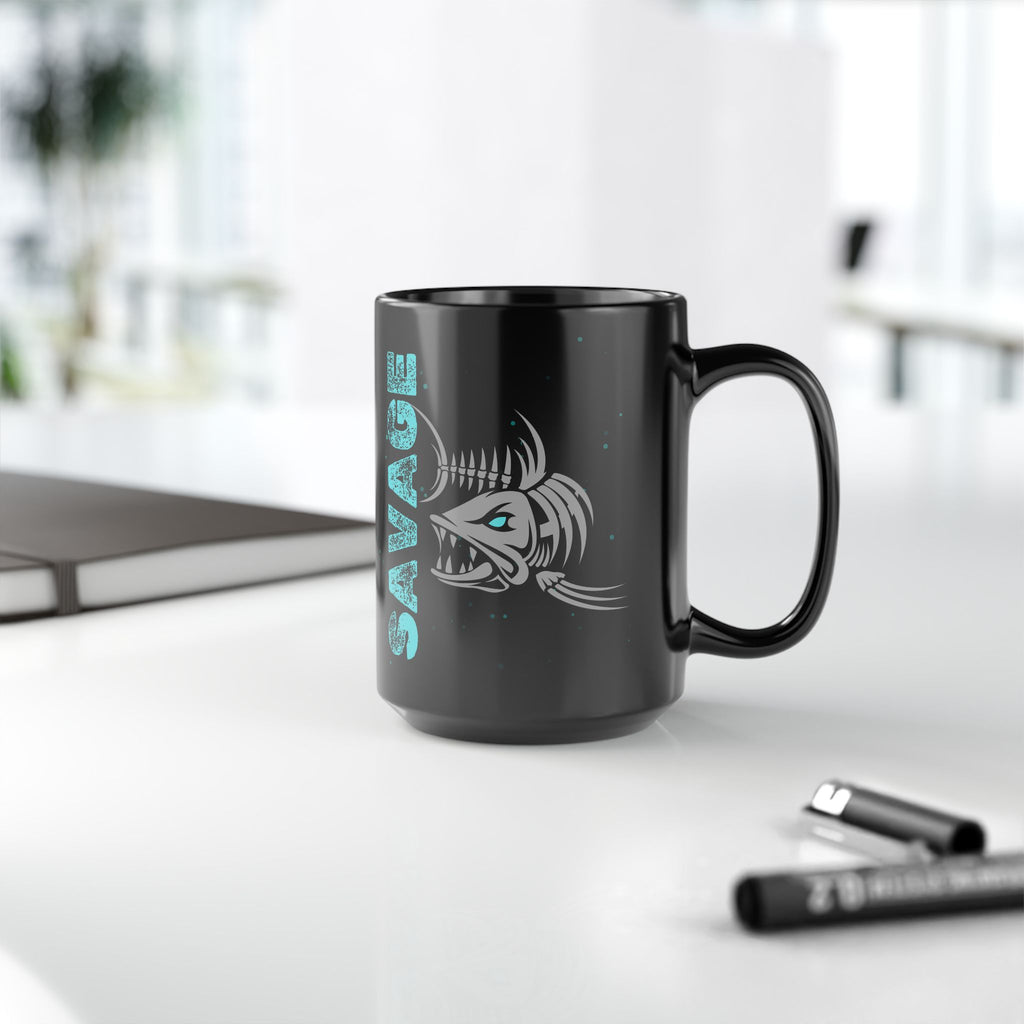 Savage Fish Black Mug – Bold Angler Coffee Cup (11oz/15oz)