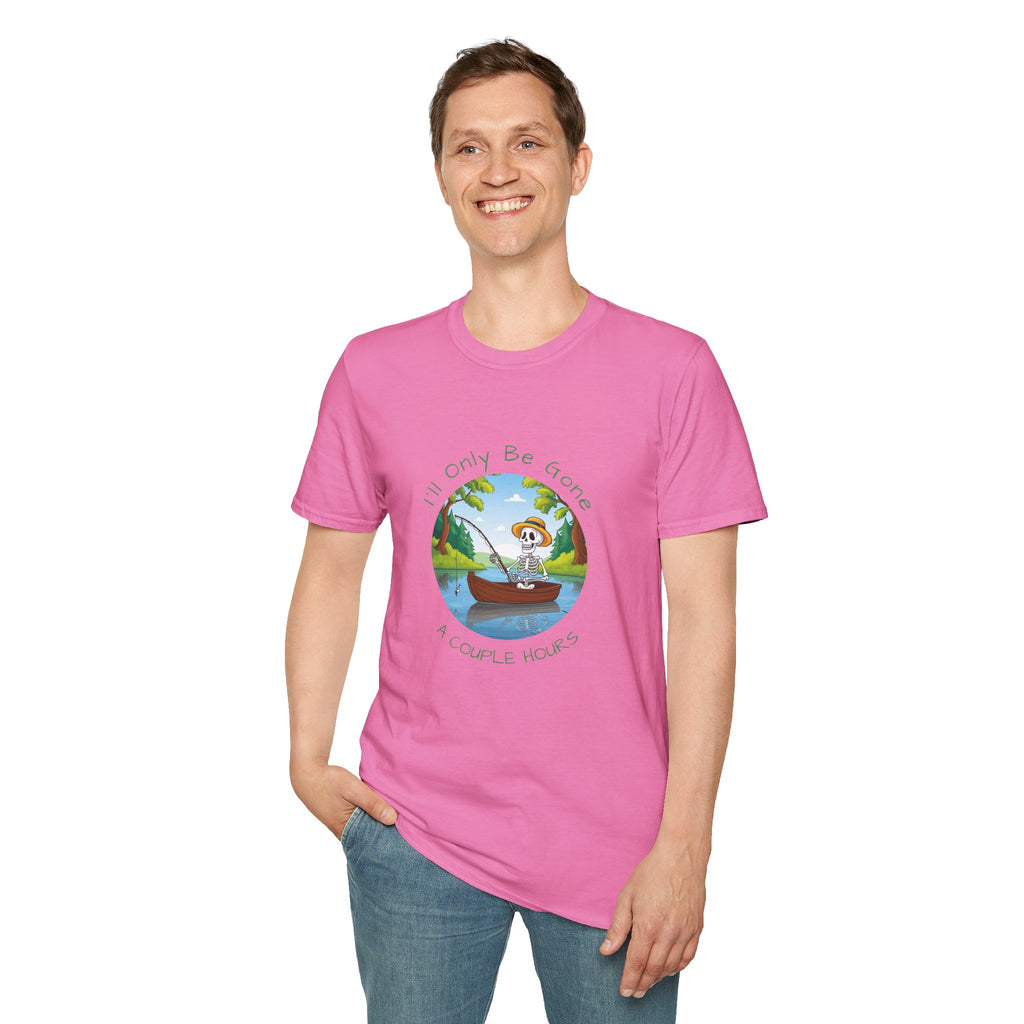 "I'll Only Be Gone A Couple Hours" Fishing Theme Unisex Softstyle T-Shirt – Perfect for Nature Lovers & Weekend Adventurers