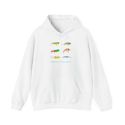 "Decisions...Decisions..." Funny Fishing Heavy Blend™ Hooded Sweatshirt — Gift for Anglers