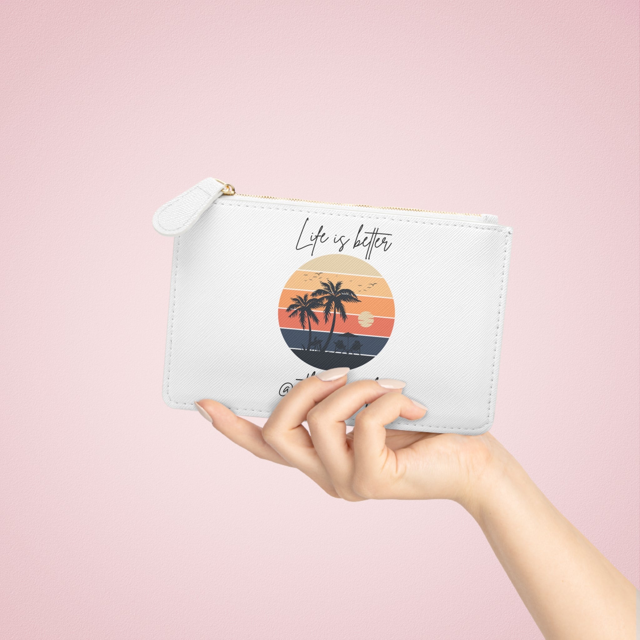 Mini Clutch Bag — "Life Is Better @ The Beach" Retro Sunset Palm Zip Pouch