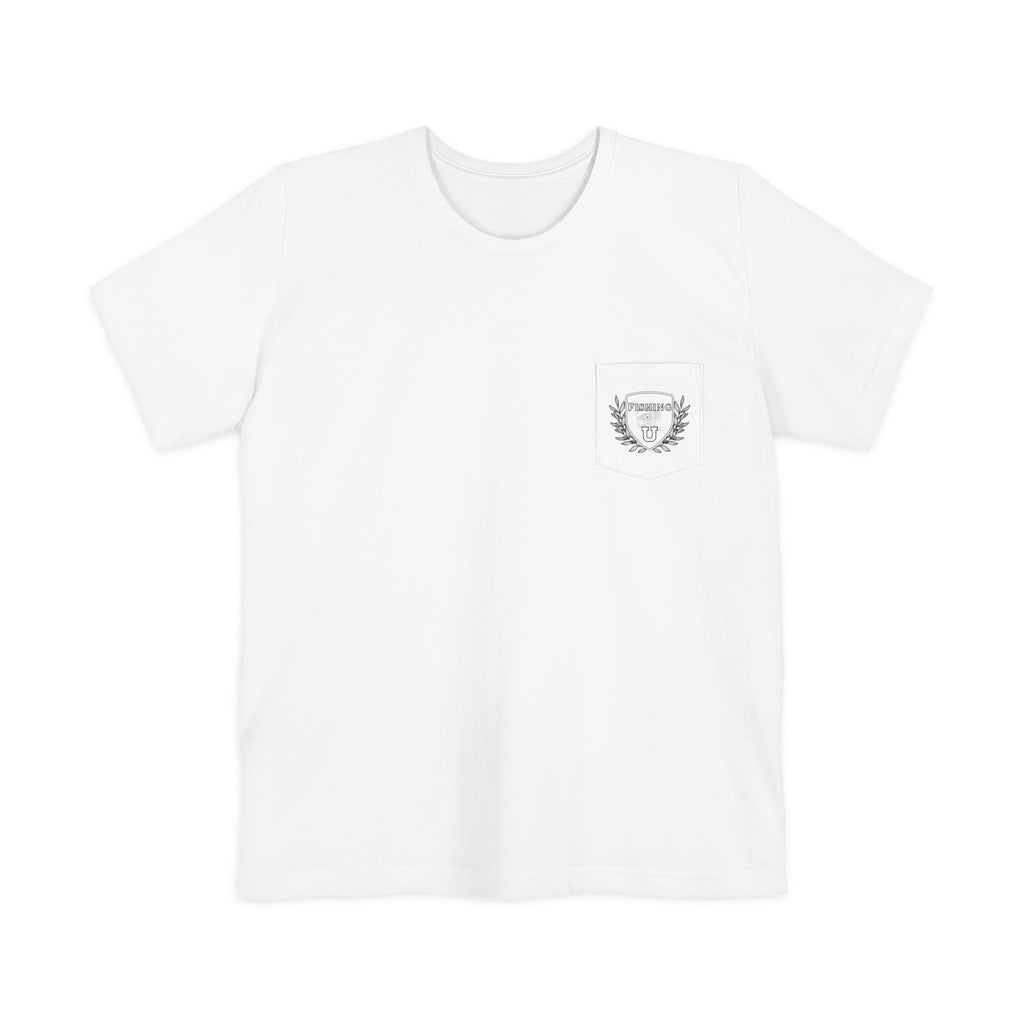"Fishing University" Unisex Pocket T-Shirt - Unique Graphic Tee for Casual Style.