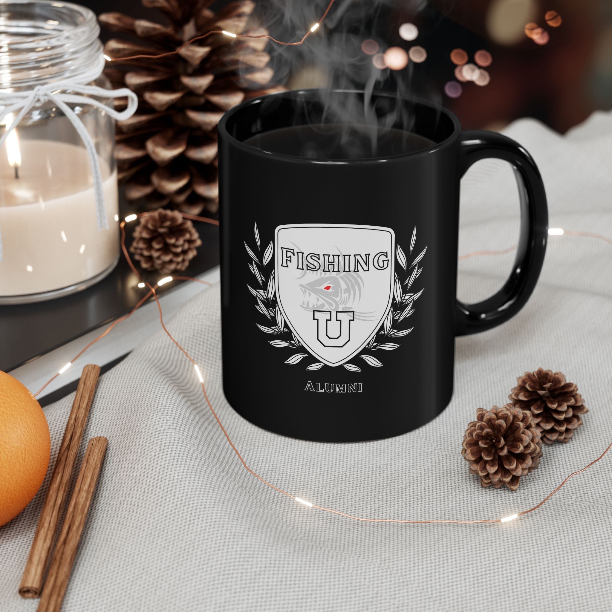 "Fishing University Alumni" Black Mug - Perfect for Anglers and Outdoor Enthusiasts