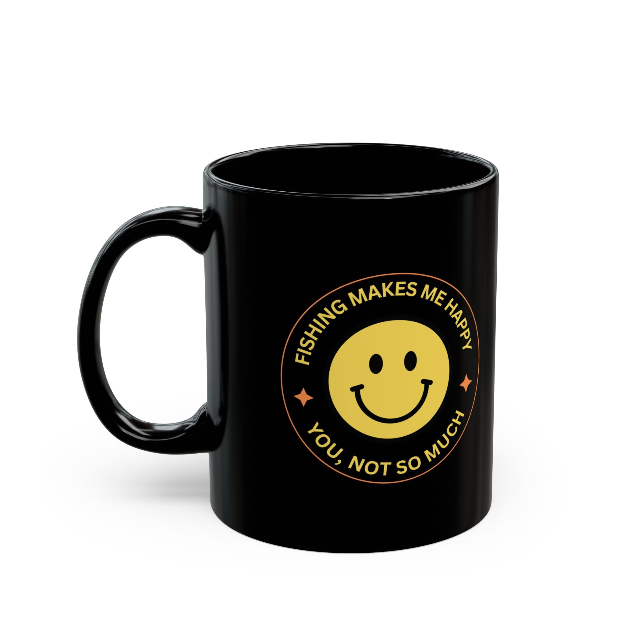"Fishing Makes Me Happy" Black Mug - Fun Coffee Cup for Fishing Enthusiasts