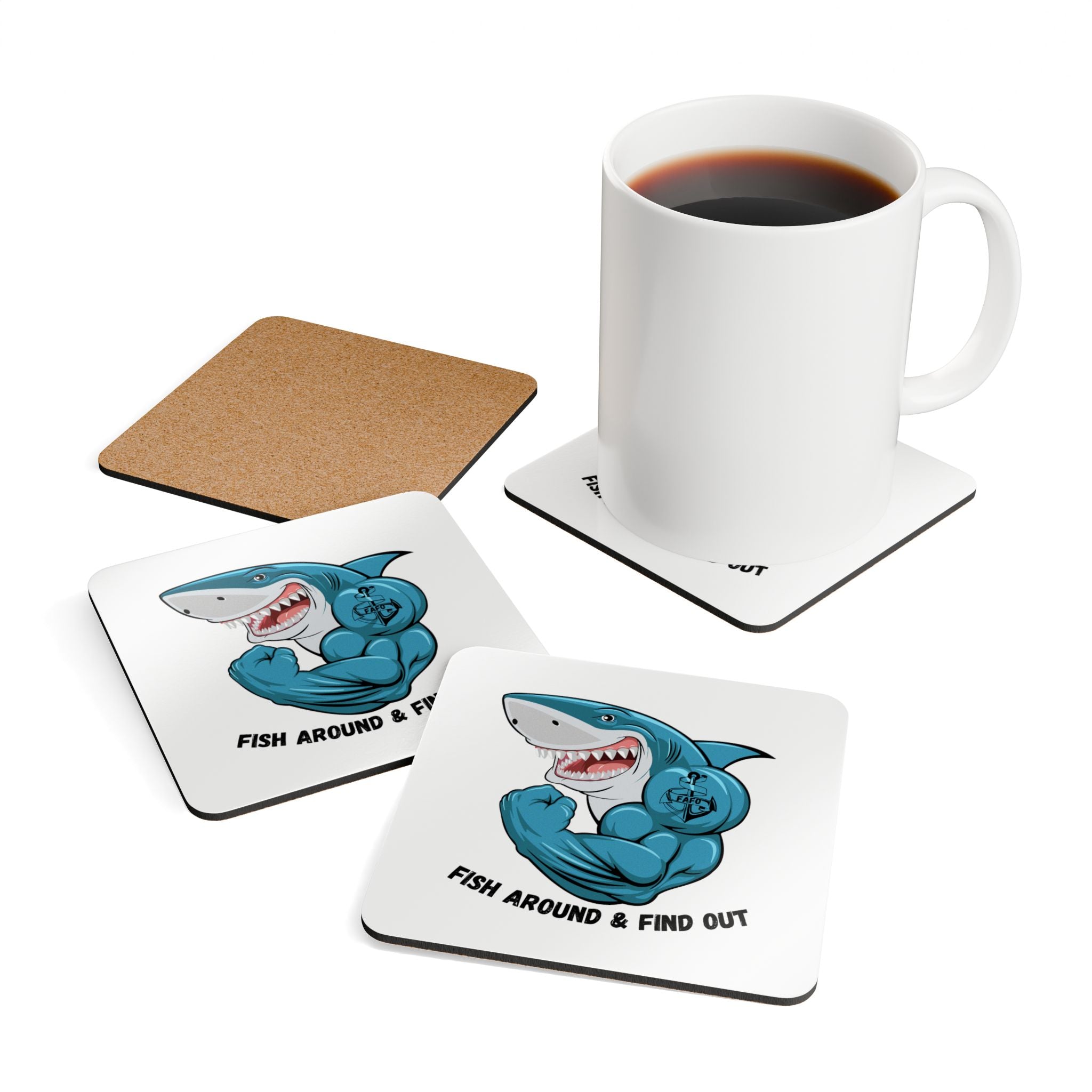Shark Muscle Cork Coaster Set — 'Fish Around & Find Out' Drink Coasters