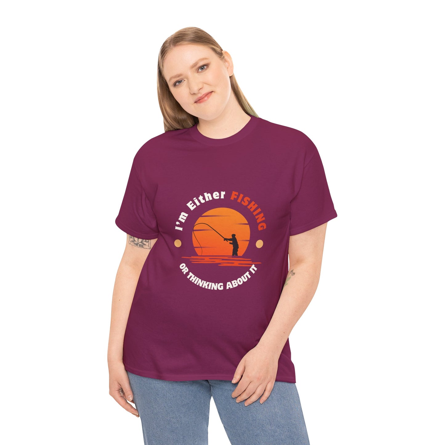 "I'm Either Fishing or Thinking About It" Unisex Heavy Cotton Tee - Relaxed Fit Fishing Apparel
