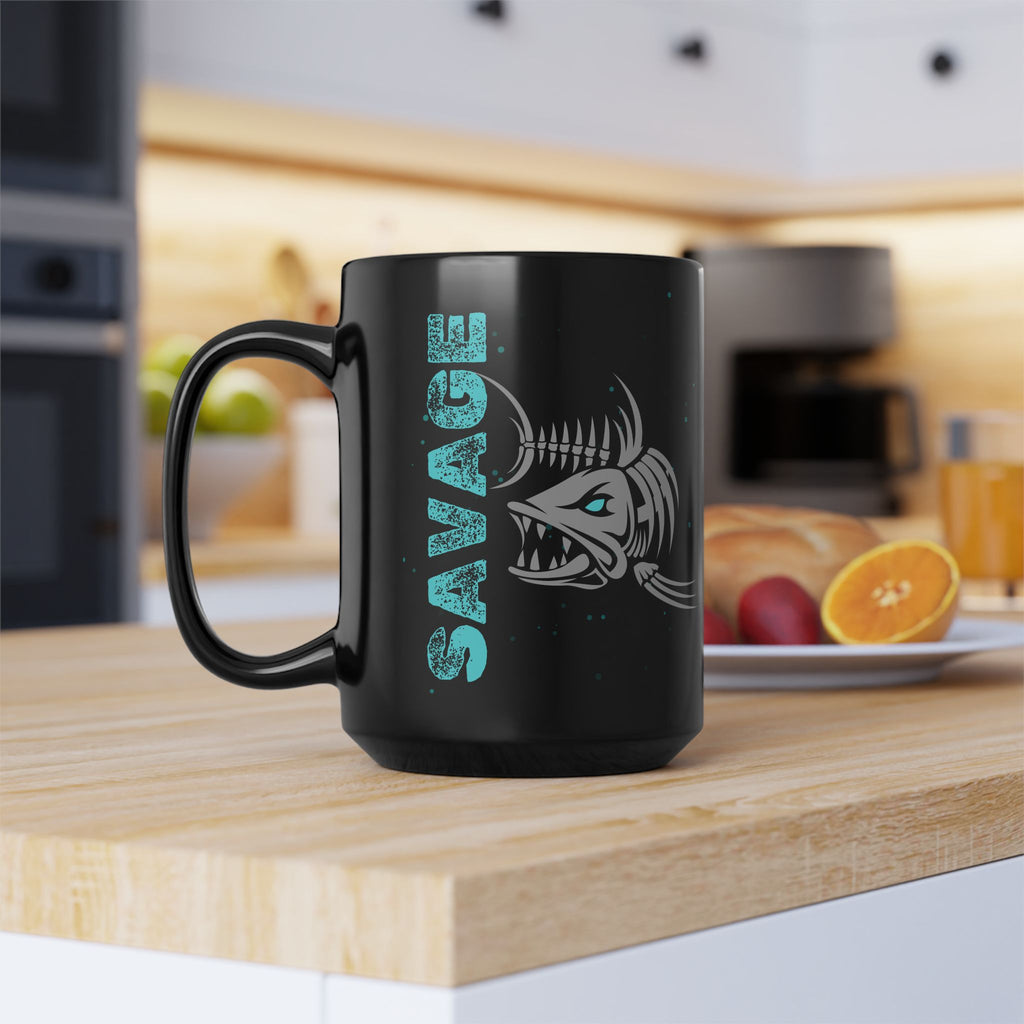Savage Fish Black Mug – Bold Angler Coffee Cup (11oz/15oz)