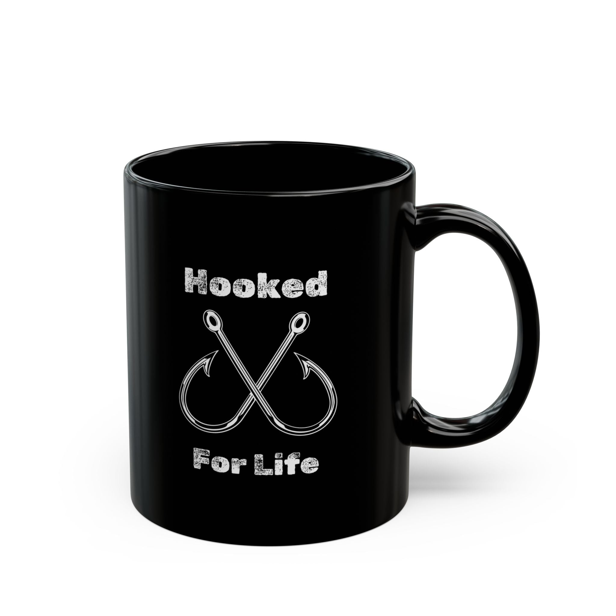 "Hooked for Life" Fishing Enthusiast Black Mug - Design (11oz)