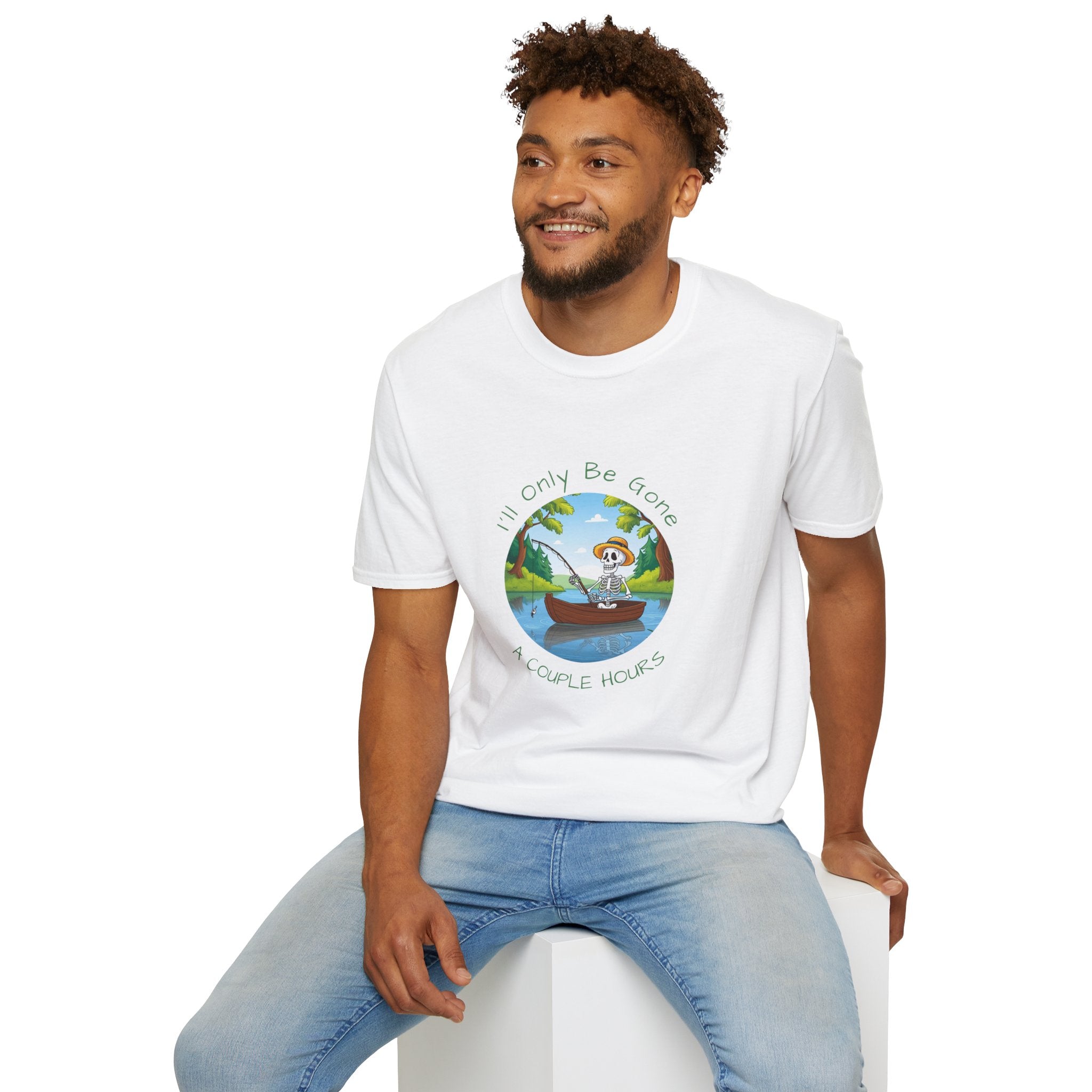 "I'll Only Be Gone A Couple Hours" Fishing Theme Unisex Softstyle T-Shirt – Perfect for Nature Lovers & Weekend Adventurers