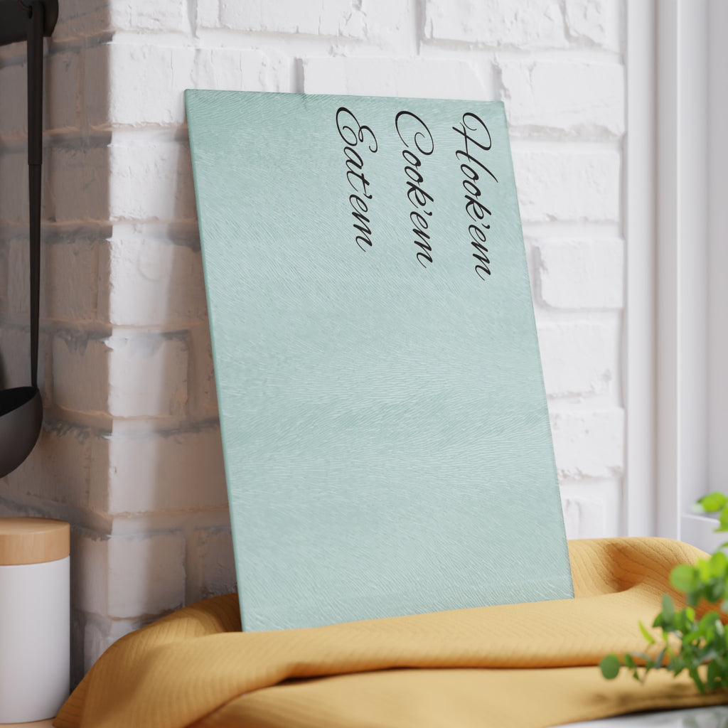 Glass Cutting Board — Mint 'Hook'em Cook'em Eat'em' Decorative Fishing Themed Kitchen Prep Board