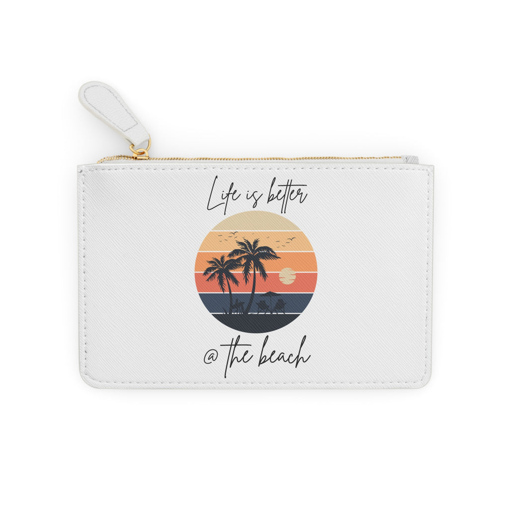 Mini Clutch Bag — "Life Is Better @ The Beach" Retro Sunset Palm Zip Pouch