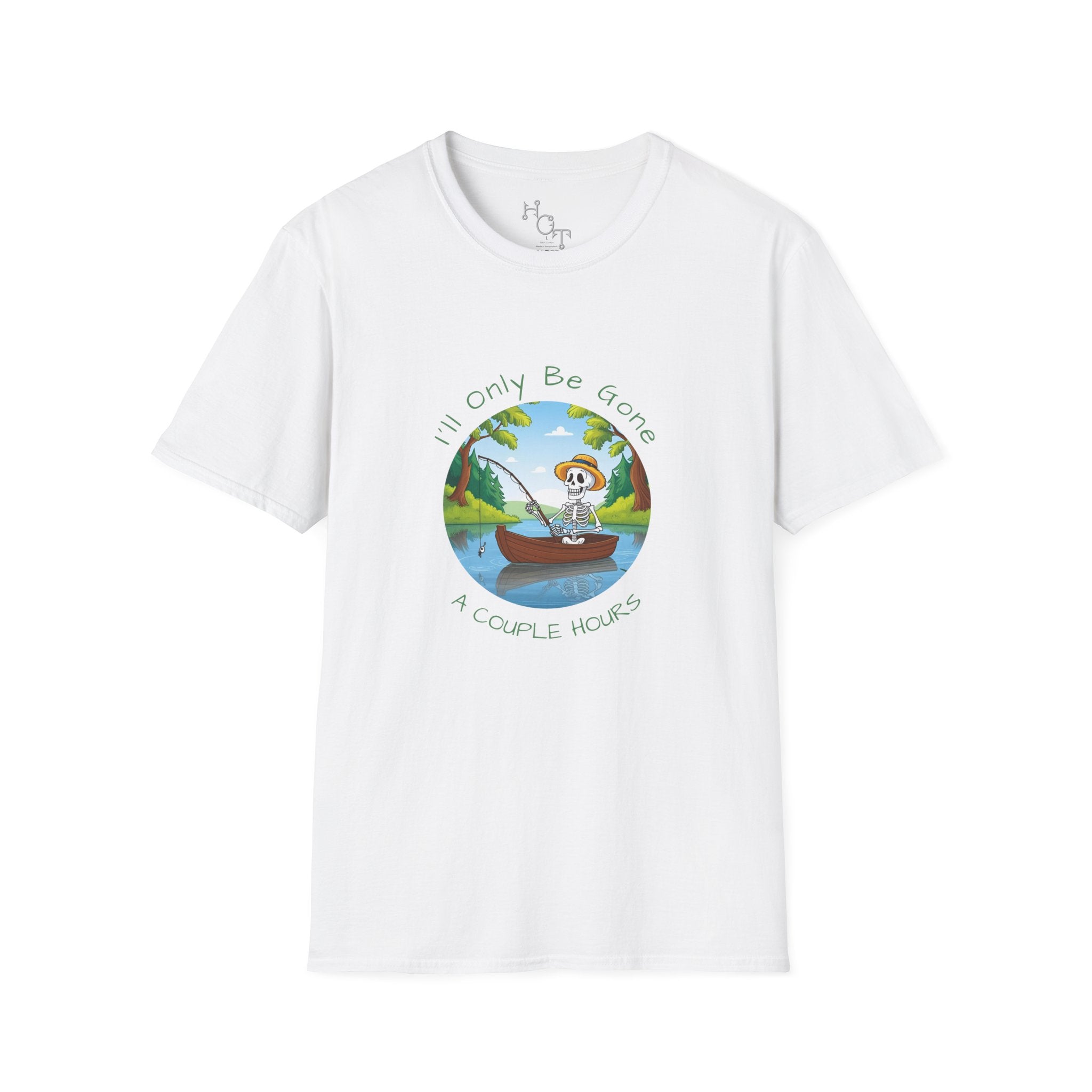 "I'll Only Be Gone A Couple Hours" Fishing Theme Unisex Softstyle T-Shirt – Perfect for Nature Lovers & Weekend Adventurers