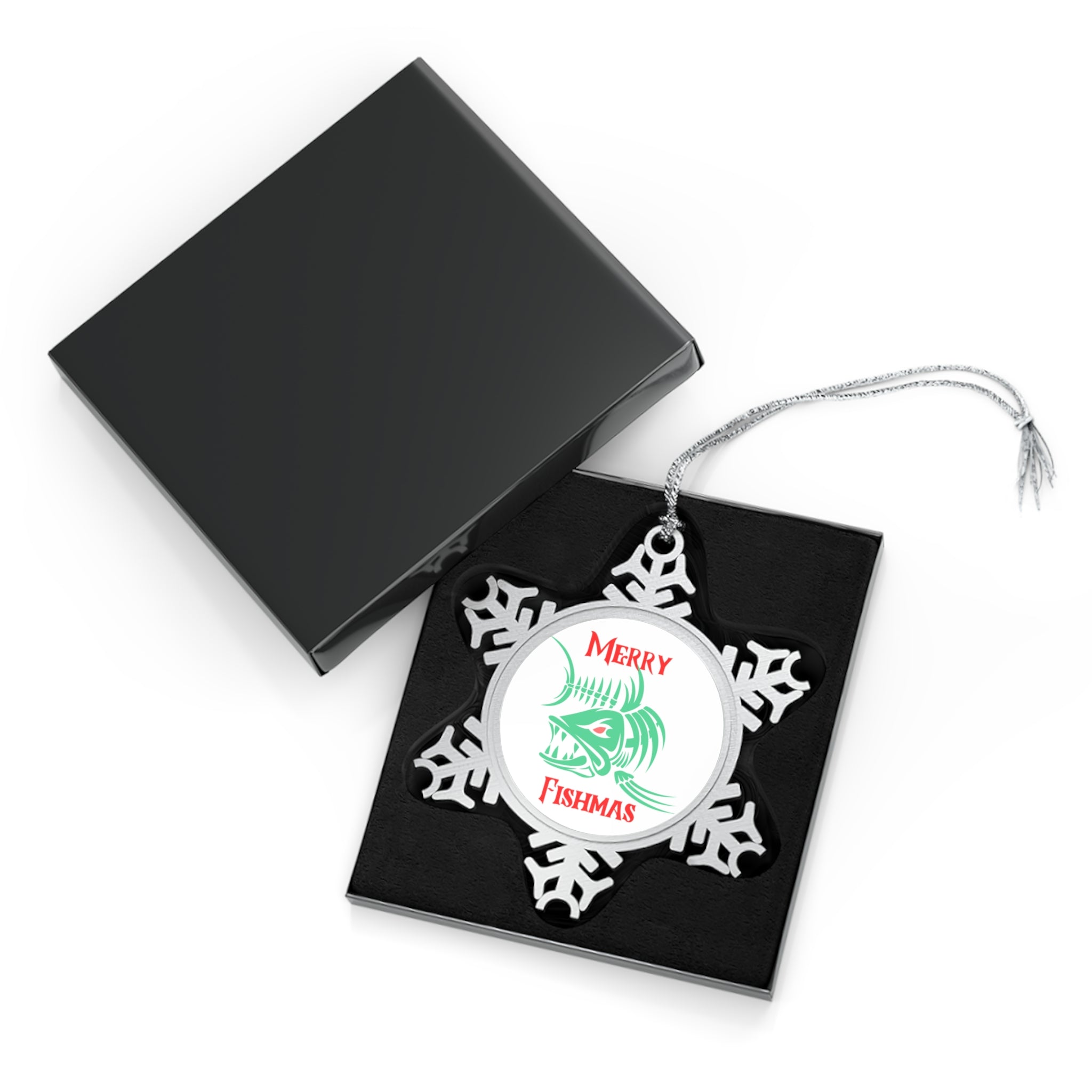 Pewter Snowflake Ornament - 'Merry Fishmas' Holiday Fishing Tree Decoration