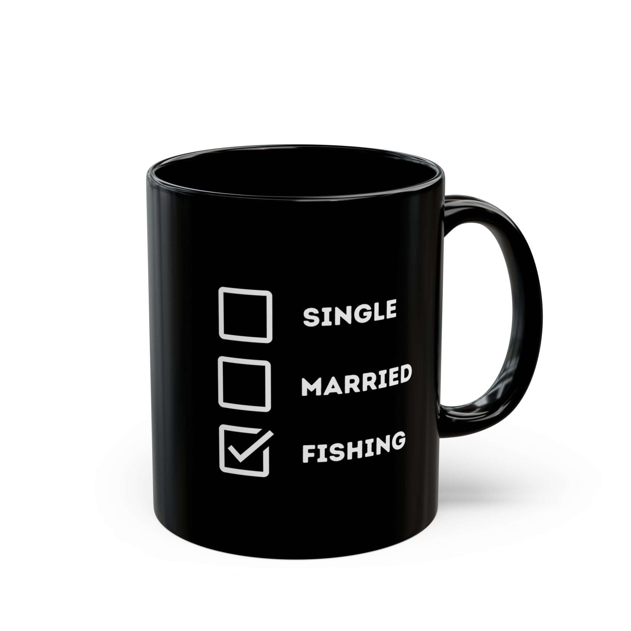 "Single, Married, Fishing Check Box" Black Mug - Funny Relationship Status Coffee Cup