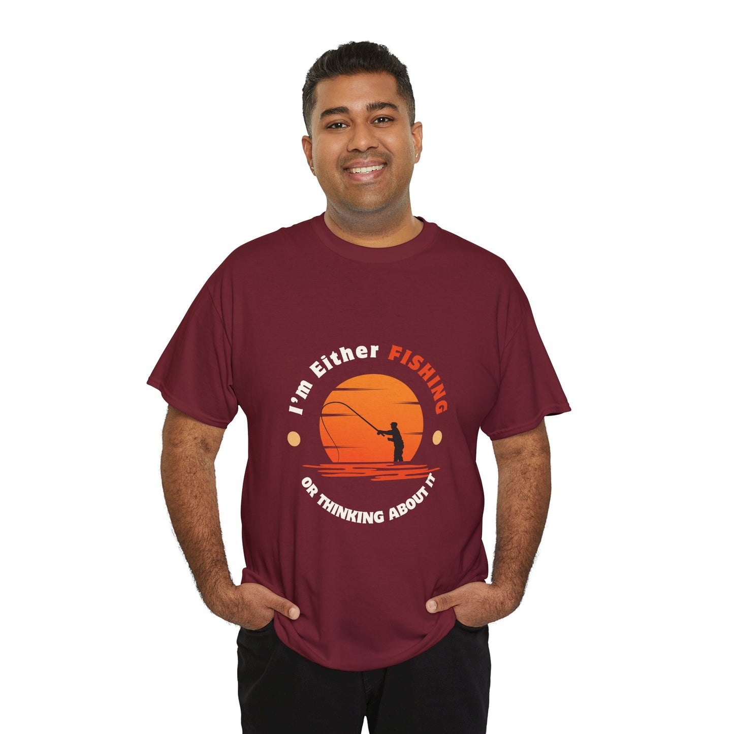 "I'm Either Fishing or Thinking About It" Unisex Heavy Cotton Tee - Relaxed Fit Fishing Apparel