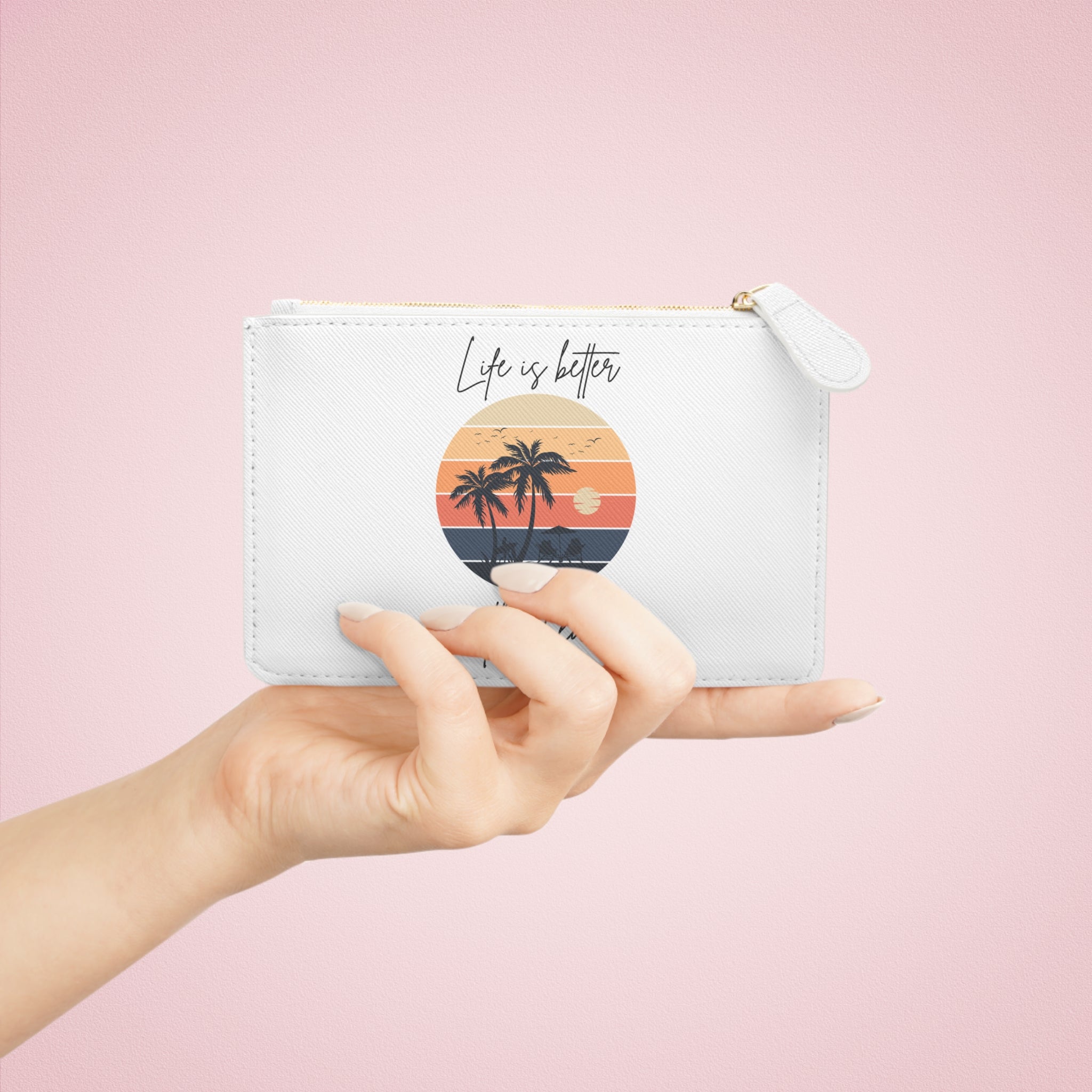 Mini Clutch Bag — "Life Is Better @ The Beach" Retro Sunset Palm Zip Pouch