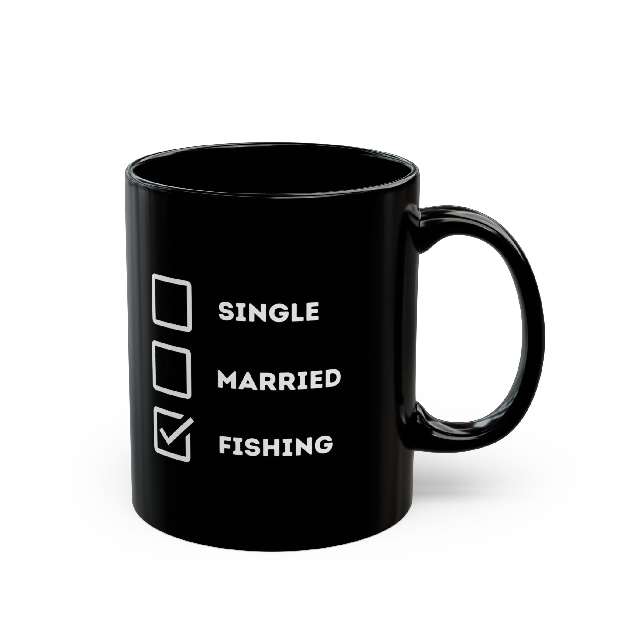 "Single, Married, Fishing Check Box" Black Mug - Funny Relationship Status Coffee Cup
