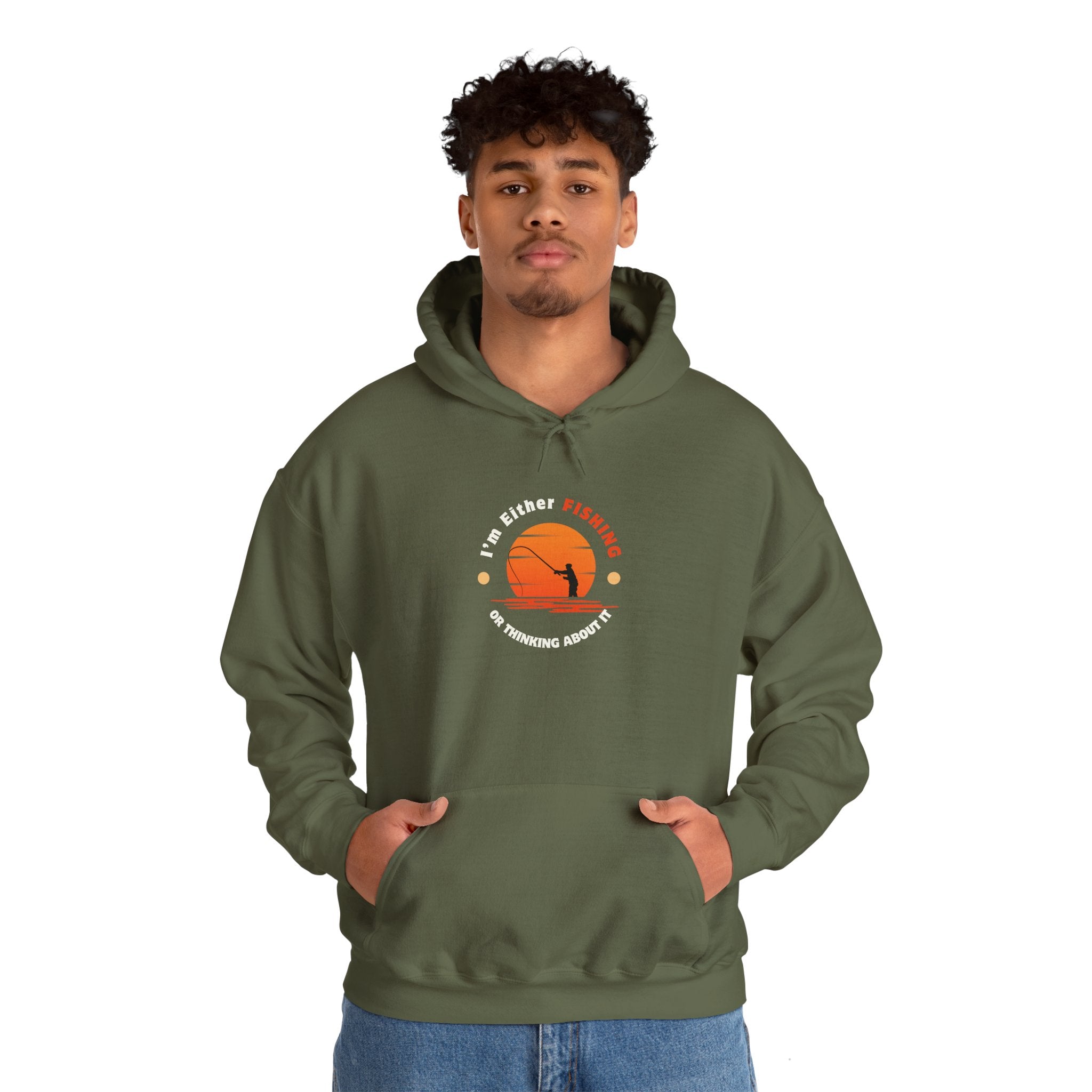 "I'm Either Fishing or Thinking About It" Funny Fishing Heavy Blend™ Hooded Sweatshirt — Gift for Anglers