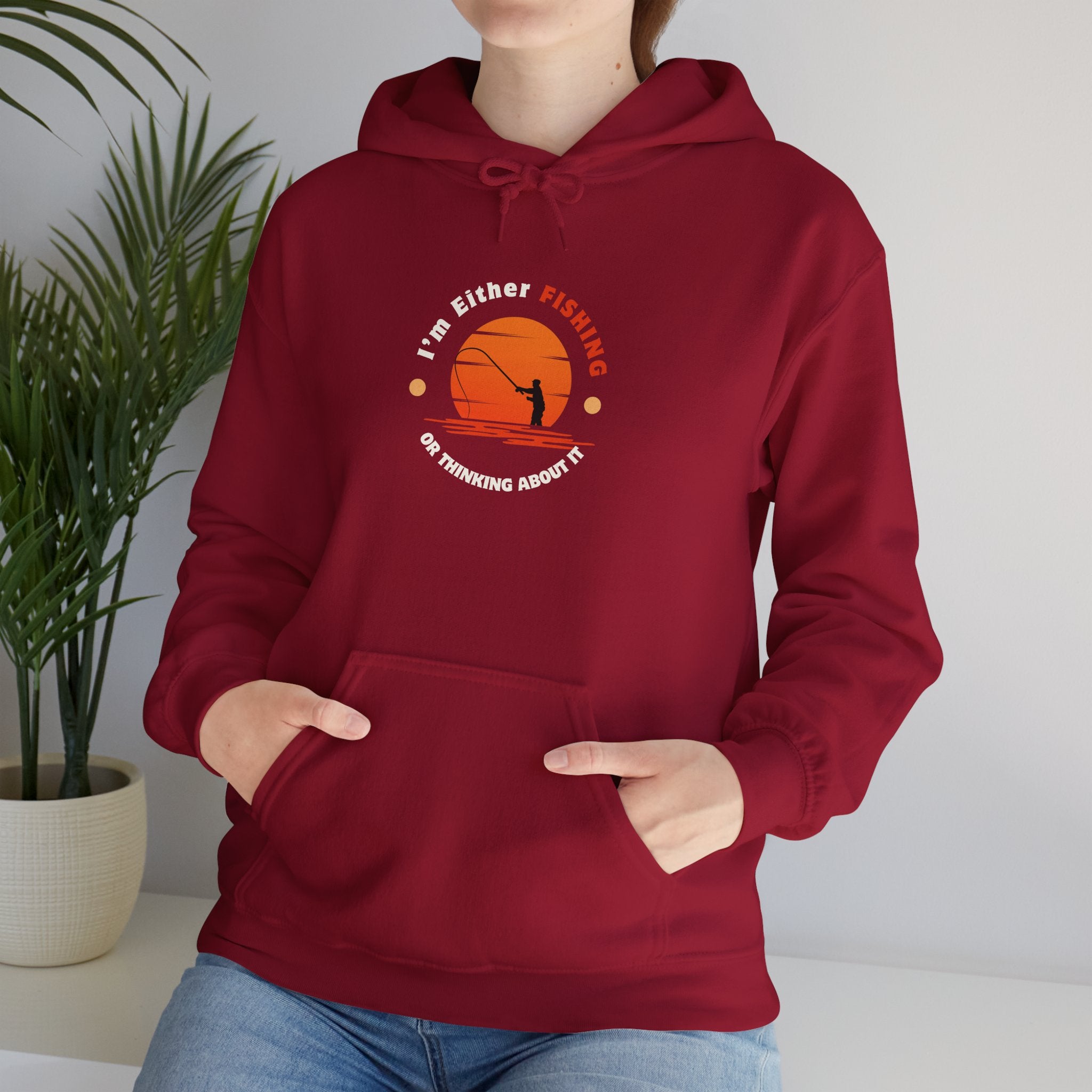 "I'm Either Fishing or Thinking About It" Funny Fishing Heavy Blend™ Hooded Sweatshirt — Gift for Anglers