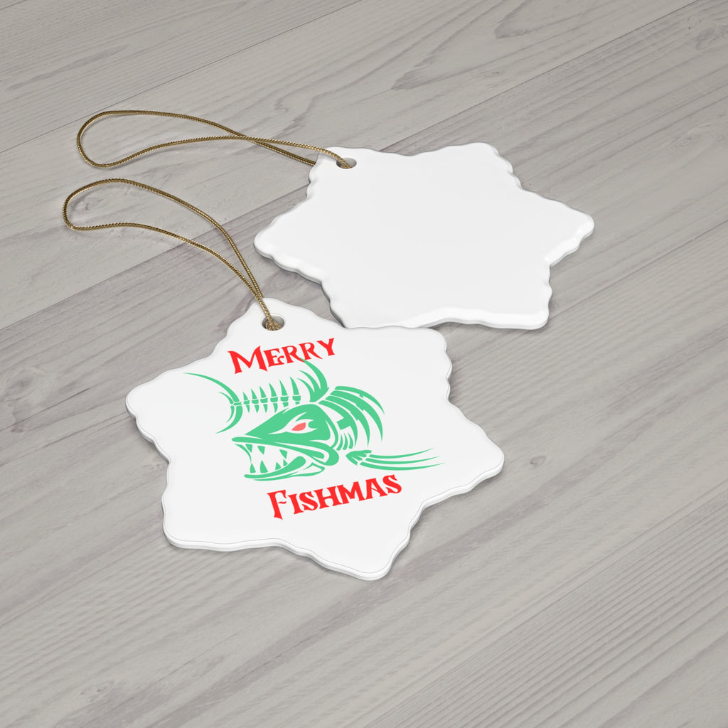"Merry Fishmas" Ceramic Ornament - Star, Circle, Snowflake Holiday Fishing Decoration