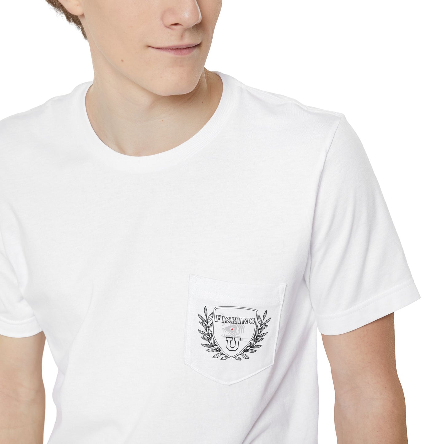 "Fishing University" Unisex Pocket T-Shirt - Unique Graphic Tee for Casual Style.