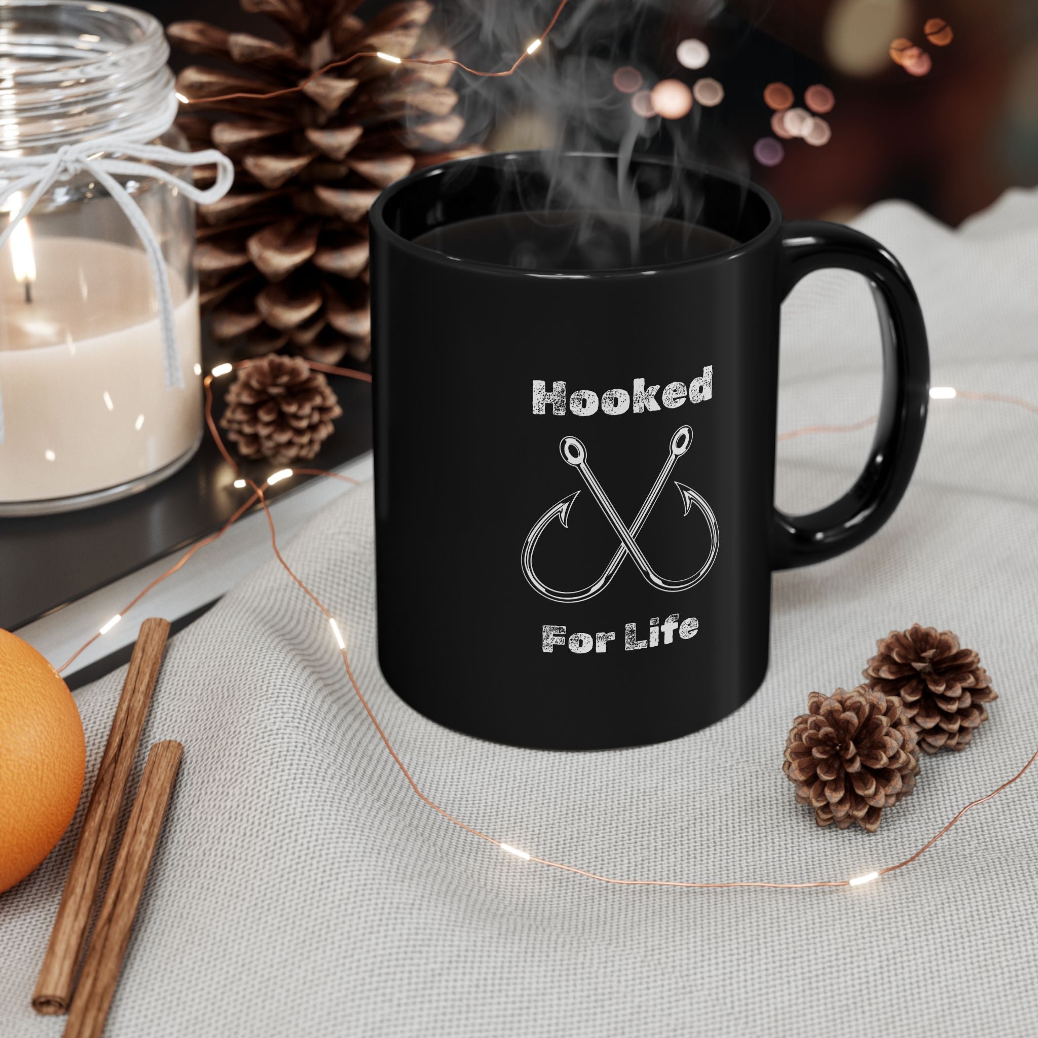 "Hooked for Life" Fishing Enthusiast Black Mug - Design (11oz)