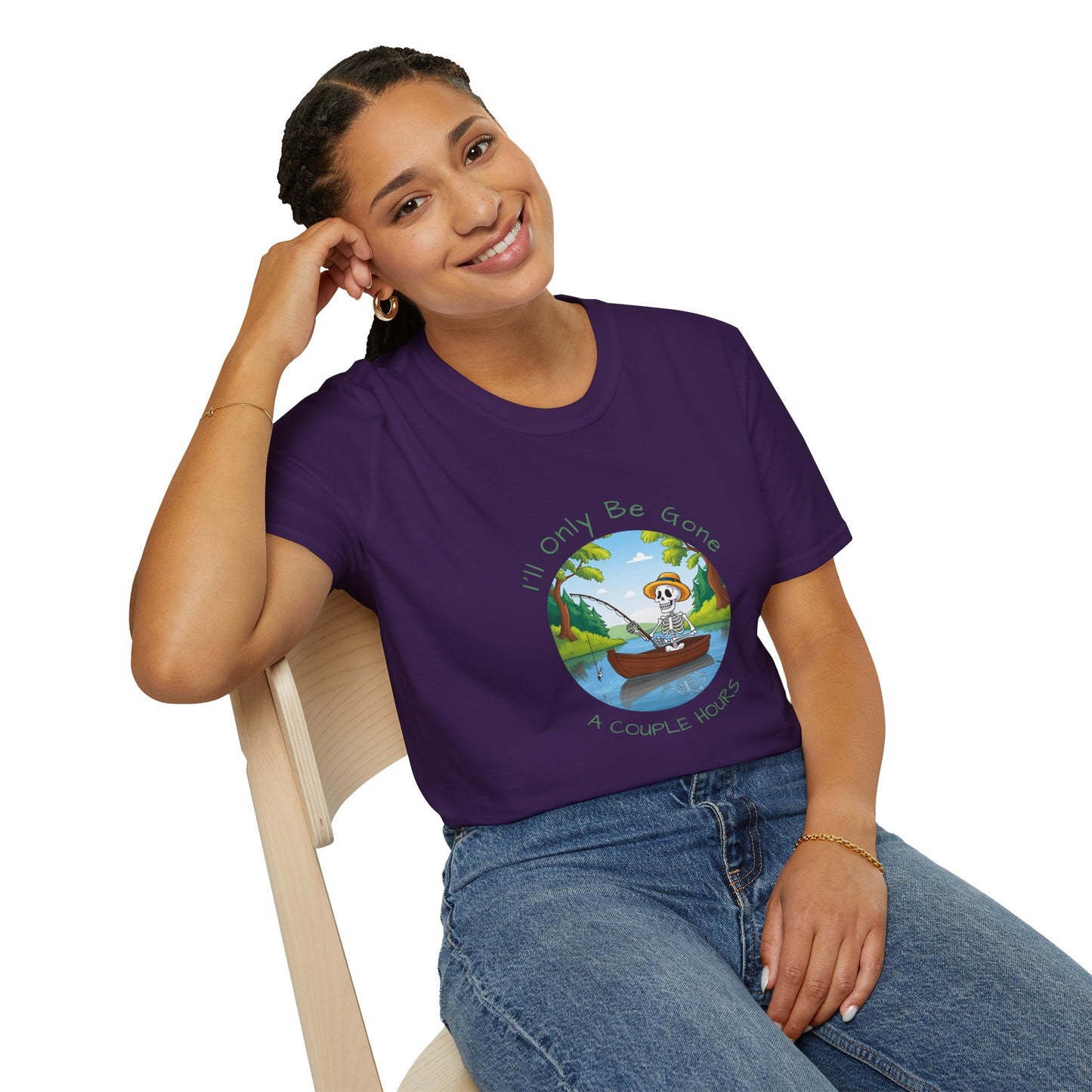 "I'll Only Be Gone A Couple Hours" Fishing Theme Unisex Softstyle T-Shirt – Perfect for Nature Lovers & Weekend Adventurers