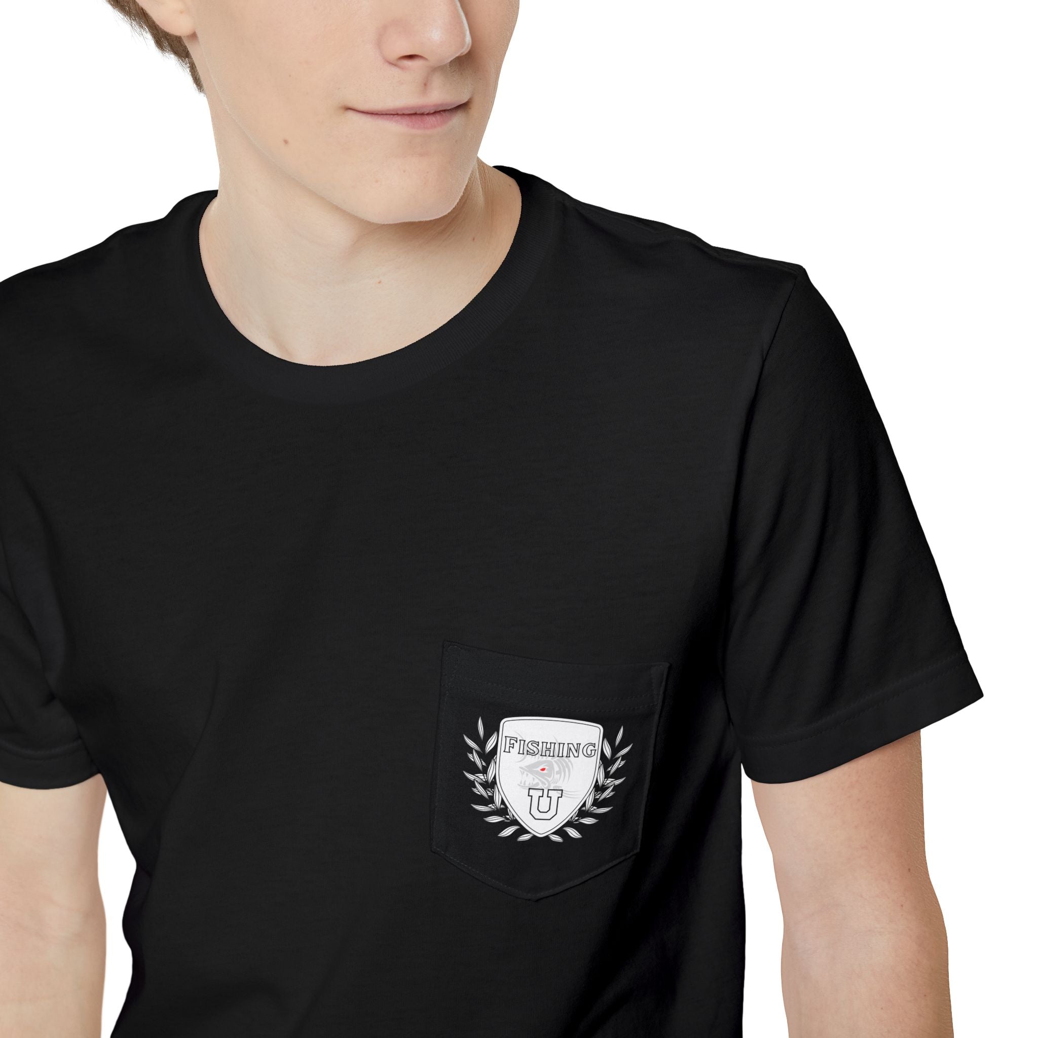 "Fishing University" Unisex Pocket T-Shirt - Unique Graphic Tee for Casual Style.