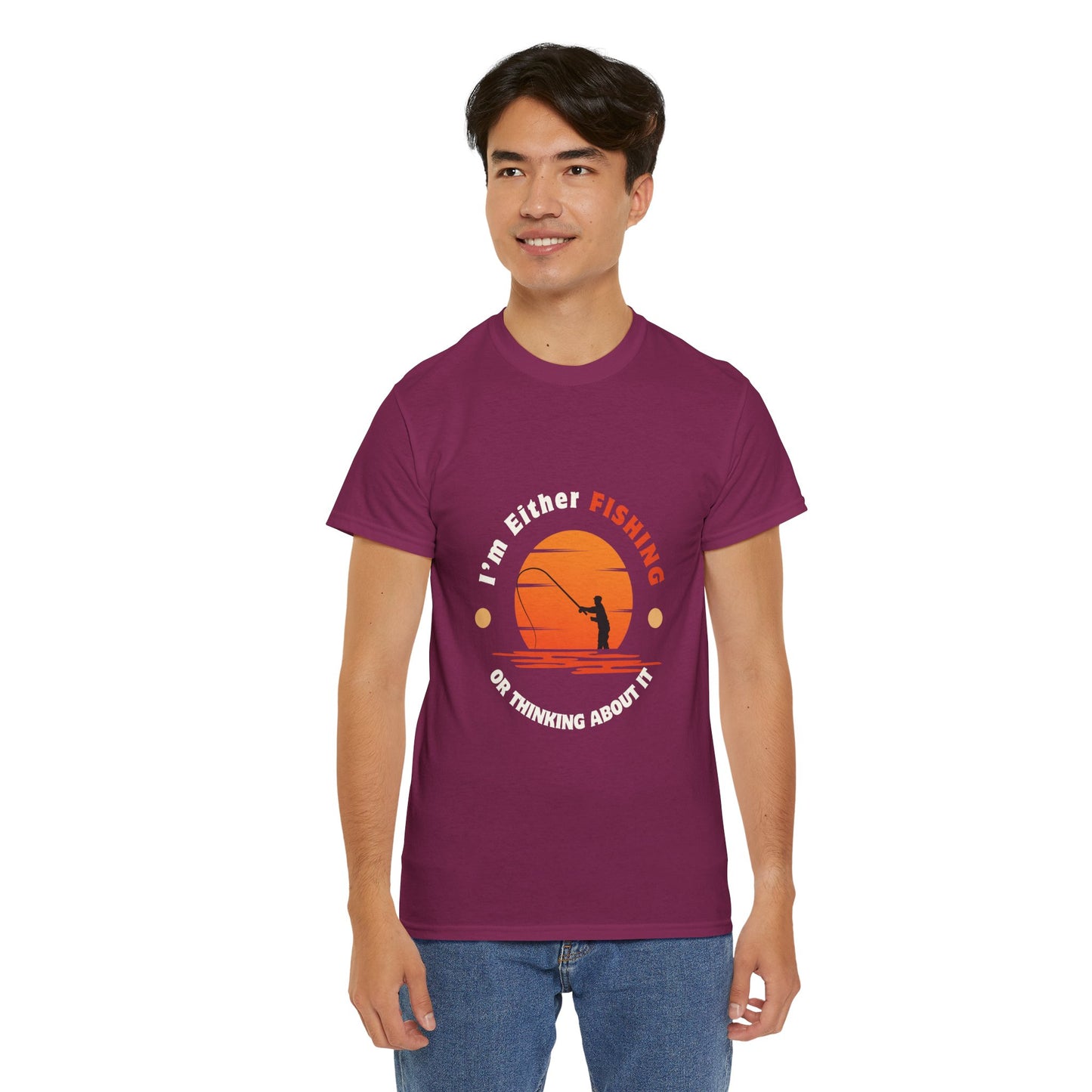 "I'm Either Fishing or Thinking About It" Unisex Heavy Cotton Tee - Relaxed Fit Fishing Apparel