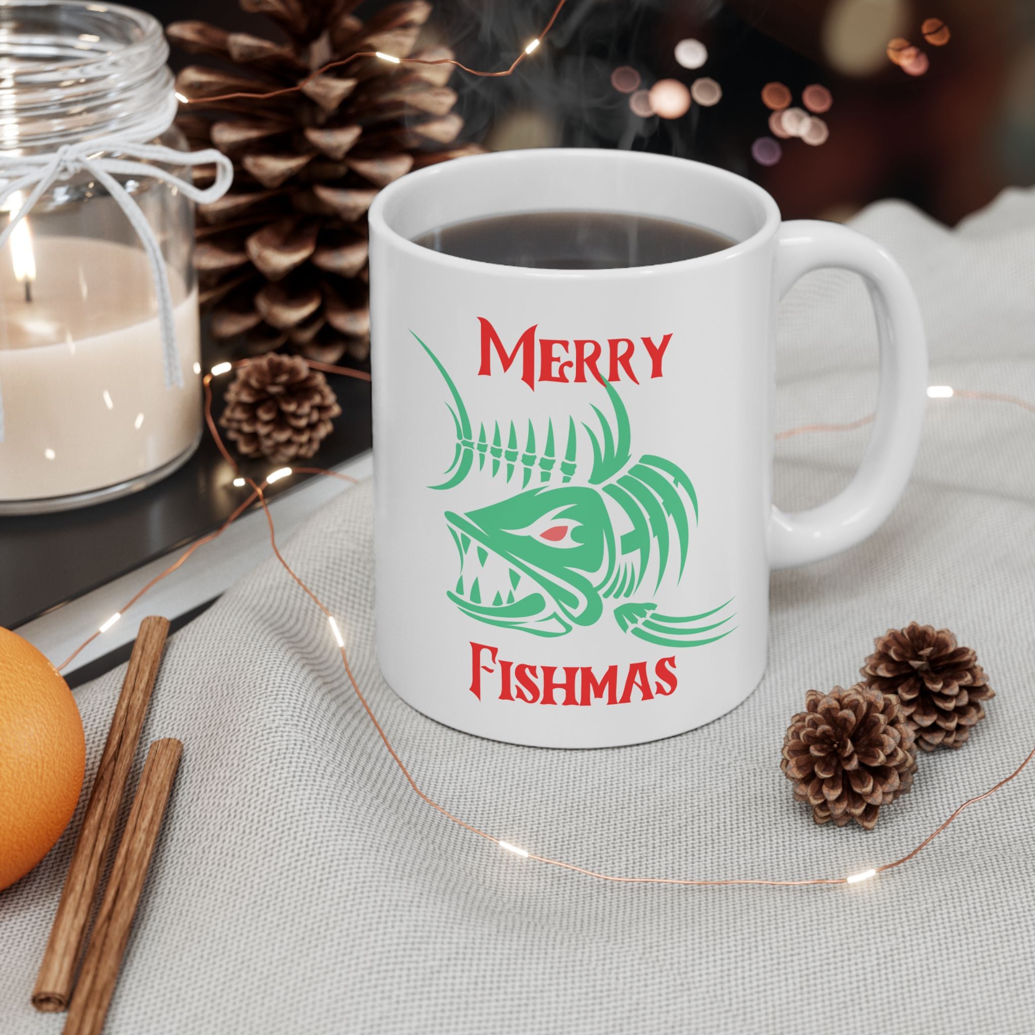Fishing Theme Ceramic Mug — 'Merry Fishmas' Coffee Cup
