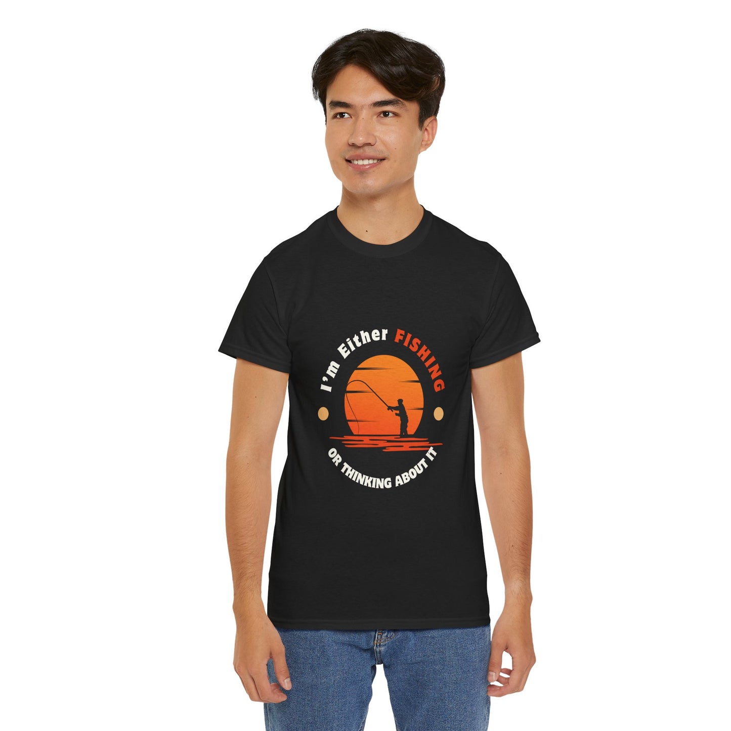 "I'm Either Fishing or Thinking About It" Unisex Heavy Cotton Tee - Relaxed Fit Fishing Apparel
