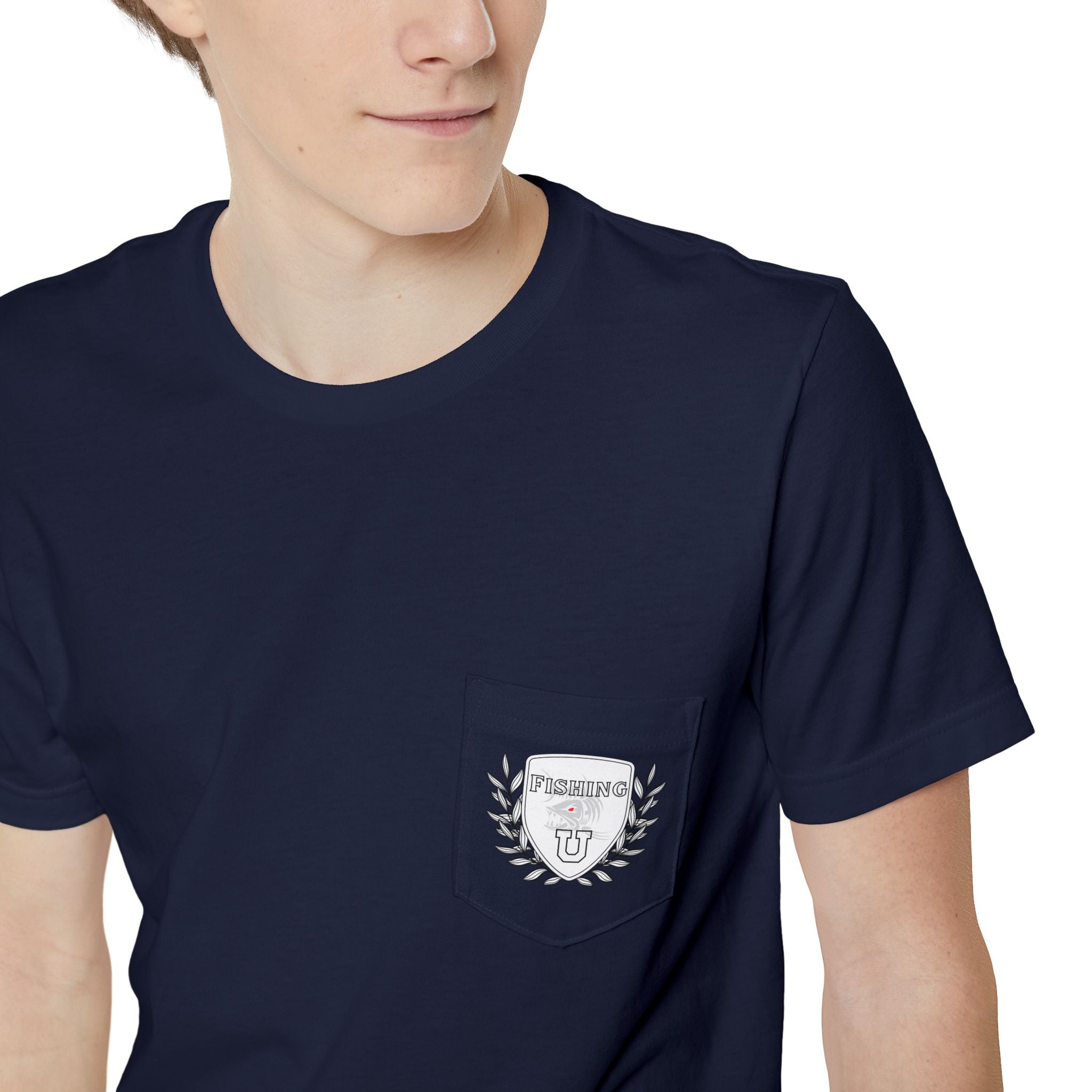 "Fishing University" Unisex Pocket T-Shirt - Unique Graphic Tee for Casual Style.