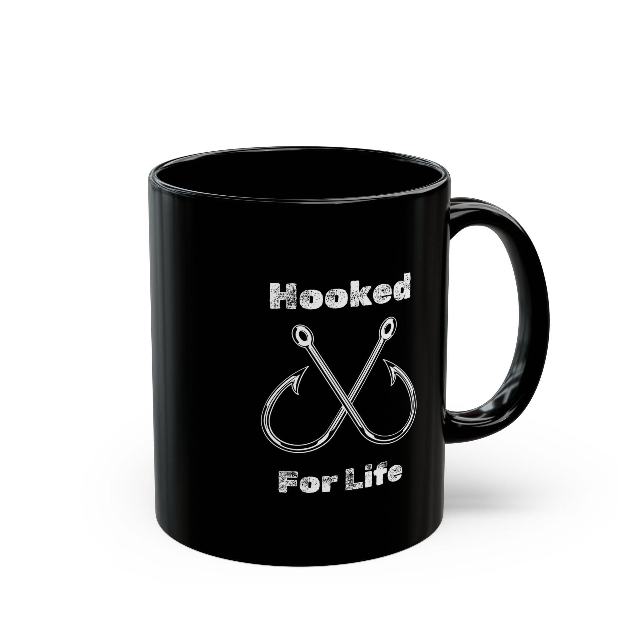 "Hooked for Life" Fishing Enthusiast Black Mug - Design (11oz)