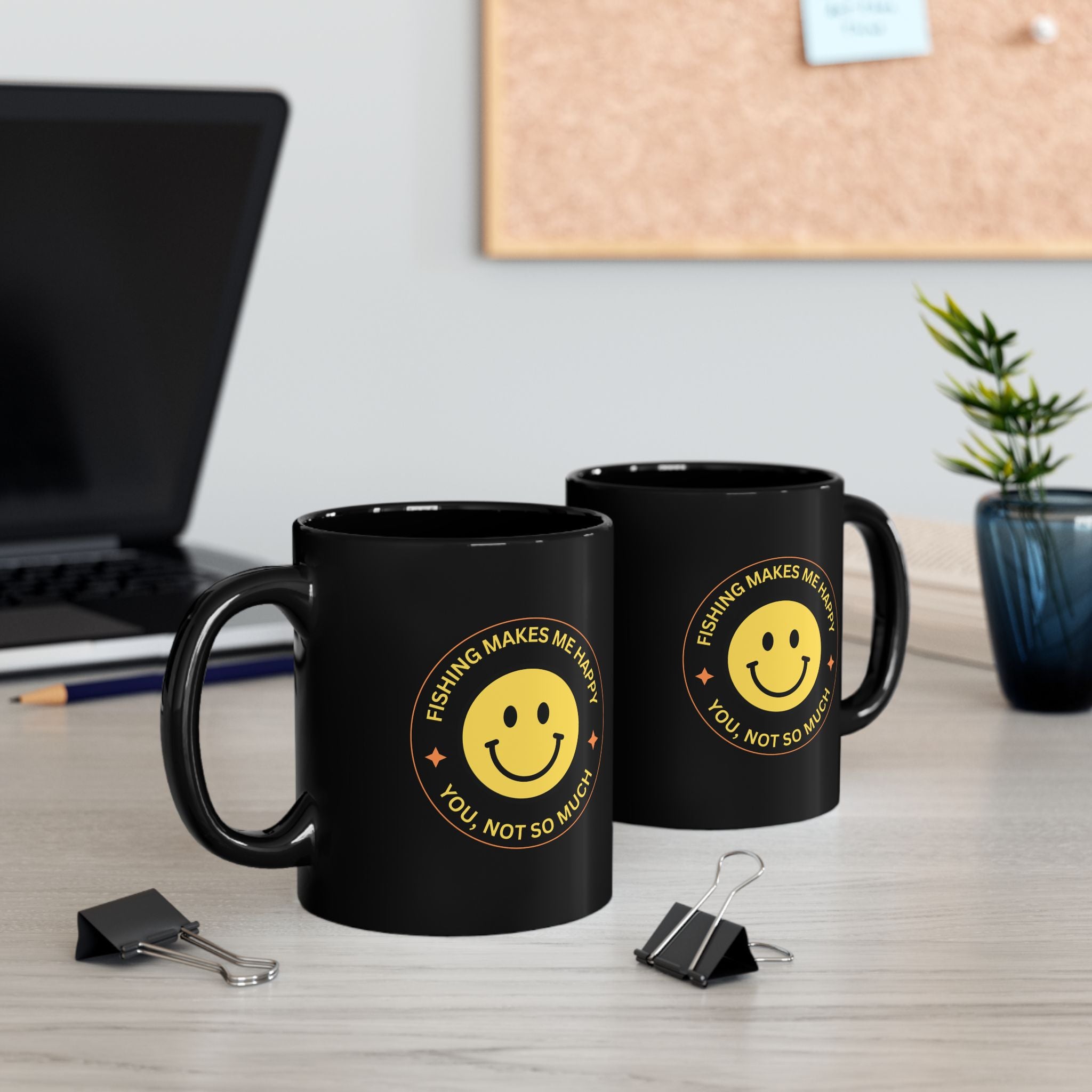 "Fishing Makes Me Happy" Black Mug - Fun Coffee Cup for Fishing Enthusiasts