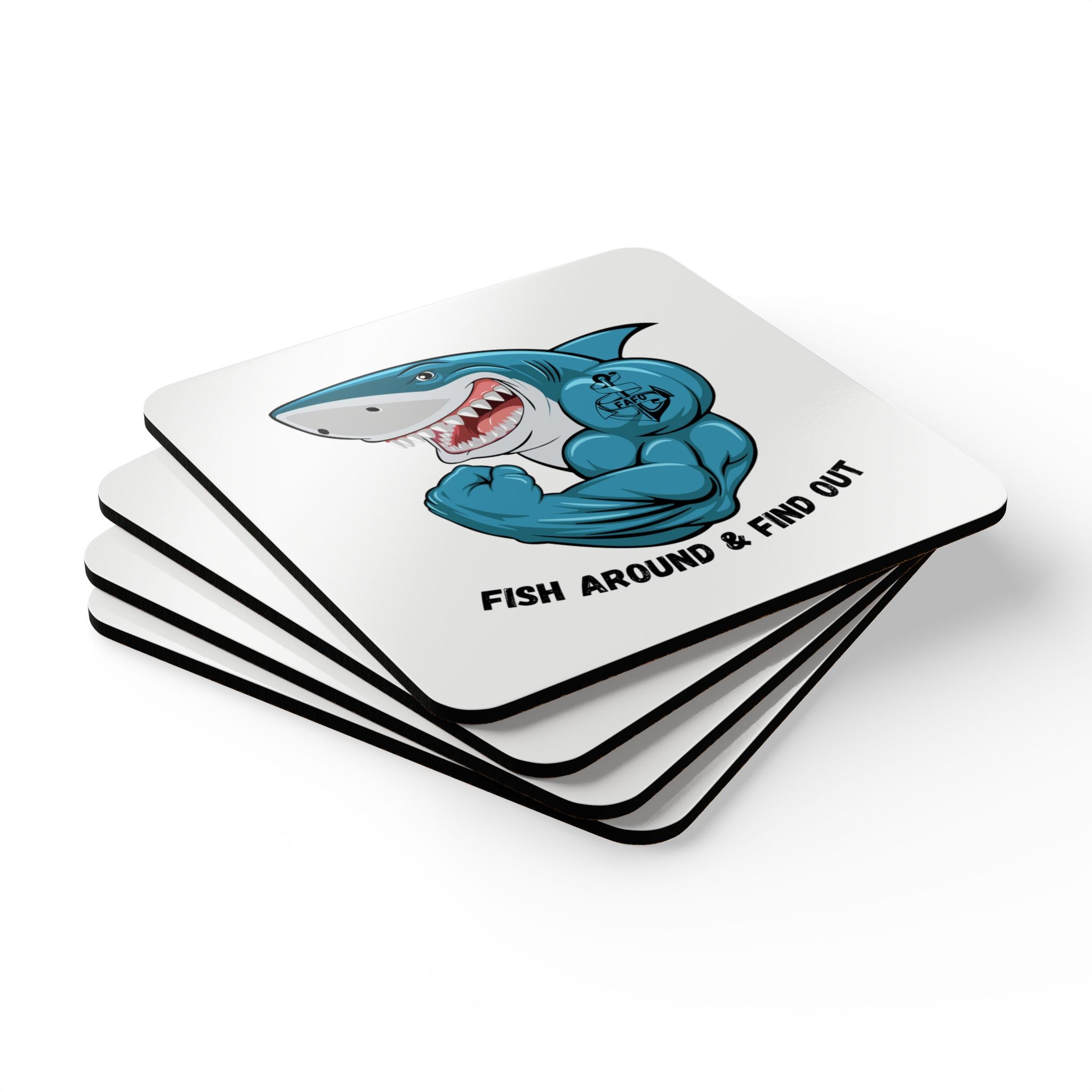 Shark Muscle Cork Coaster Set — 'Fish Around & Find Out' Drink Coasters
