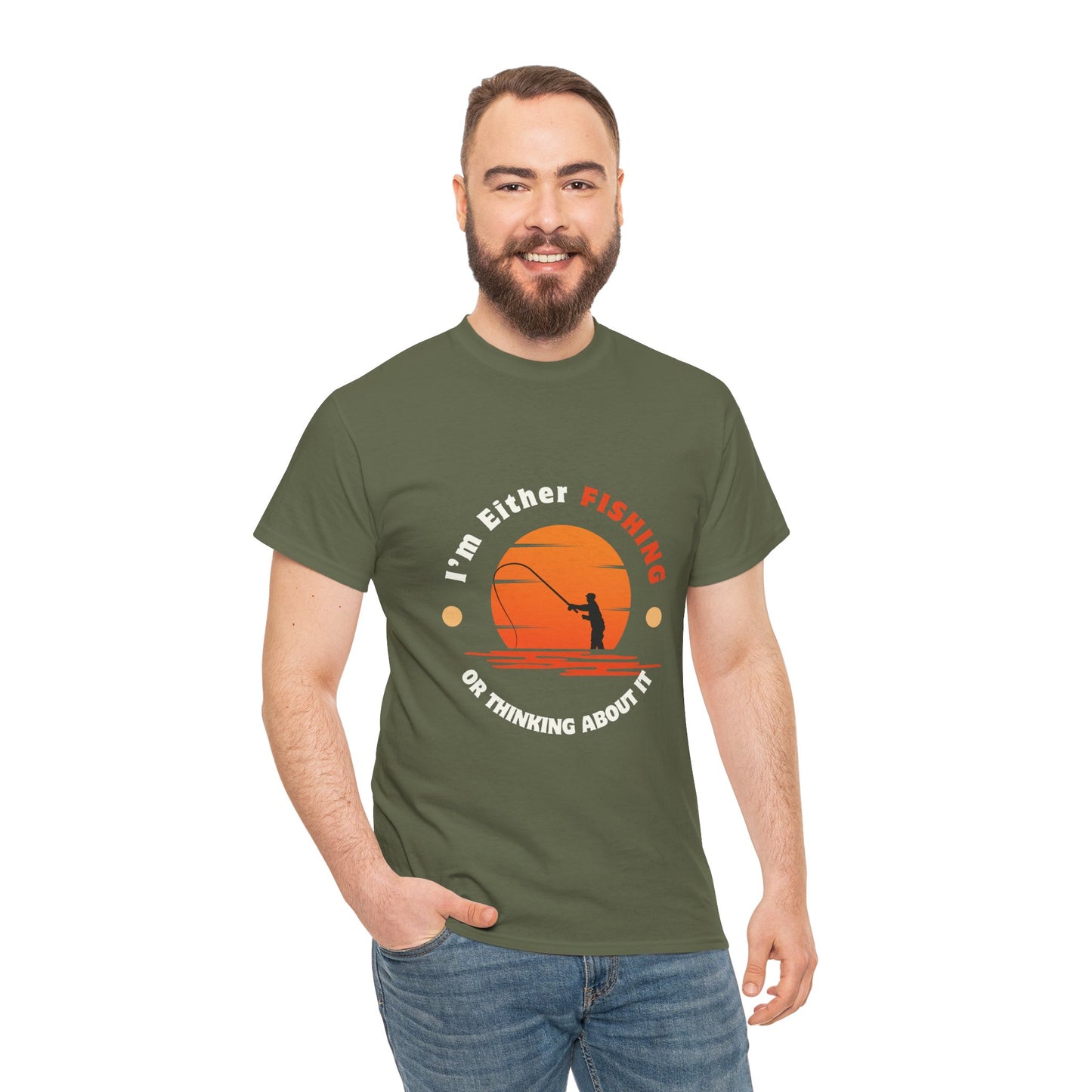 "I'm Either Fishing or Thinking About It" Unisex Heavy Cotton Tee - Relaxed Fit Fishing Apparel