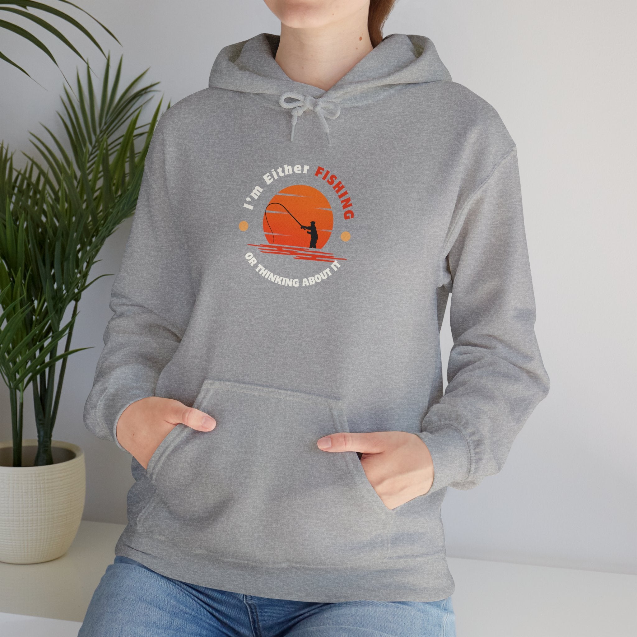 "I'm Either Fishing or Thinking About It" Funny Fishing Heavy Blend™ Hooded Sweatshirt — Gift for Anglers