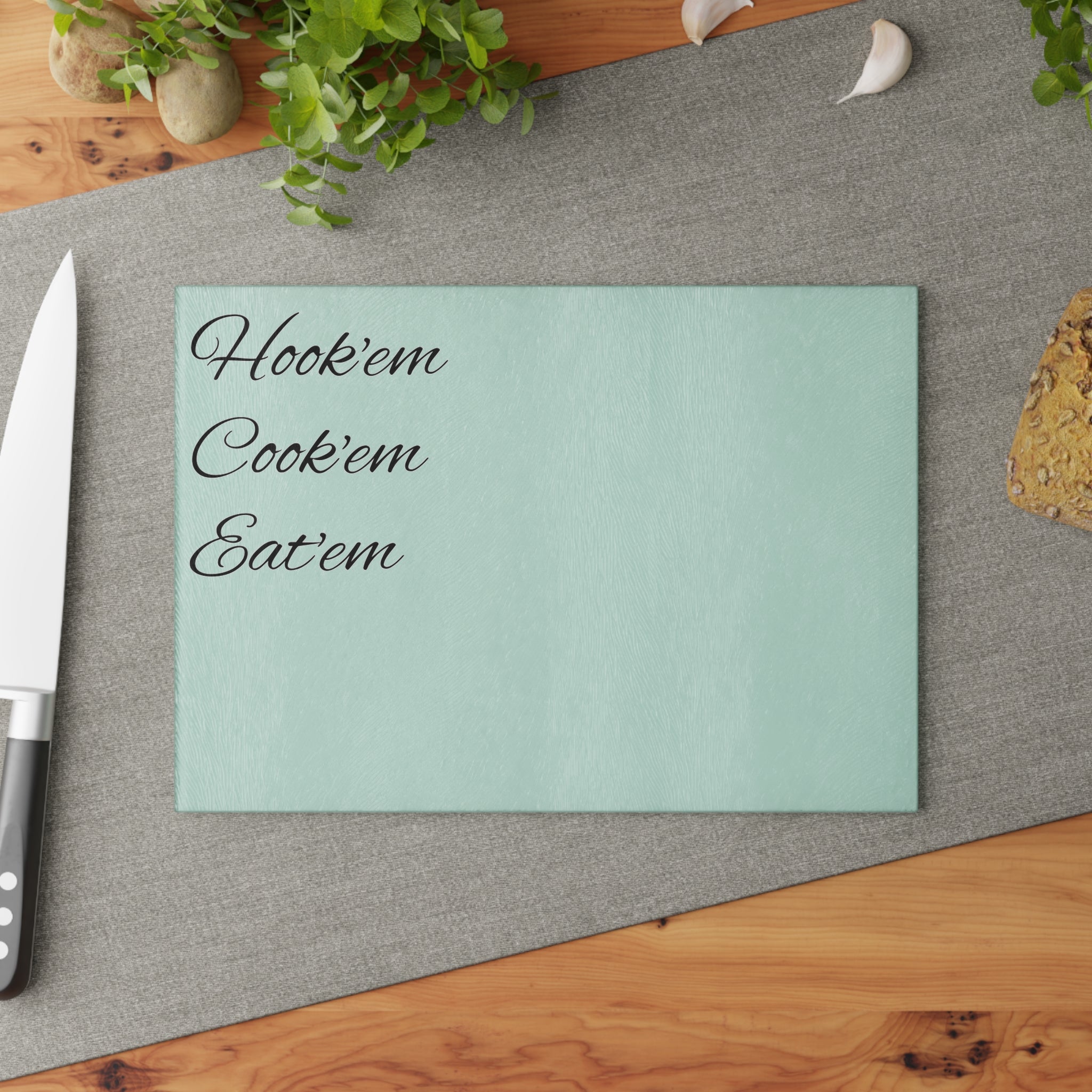 Glass Cutting Board — Mint 'Hook'em Cook'em Eat'em' Decorative Fishing Themed Kitchen Prep Board