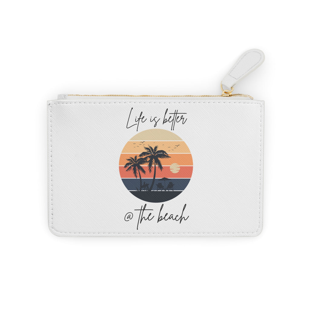 Mini Clutch Bag — "Life Is Better @ The Beach" Retro Sunset Palm Zip Pouch