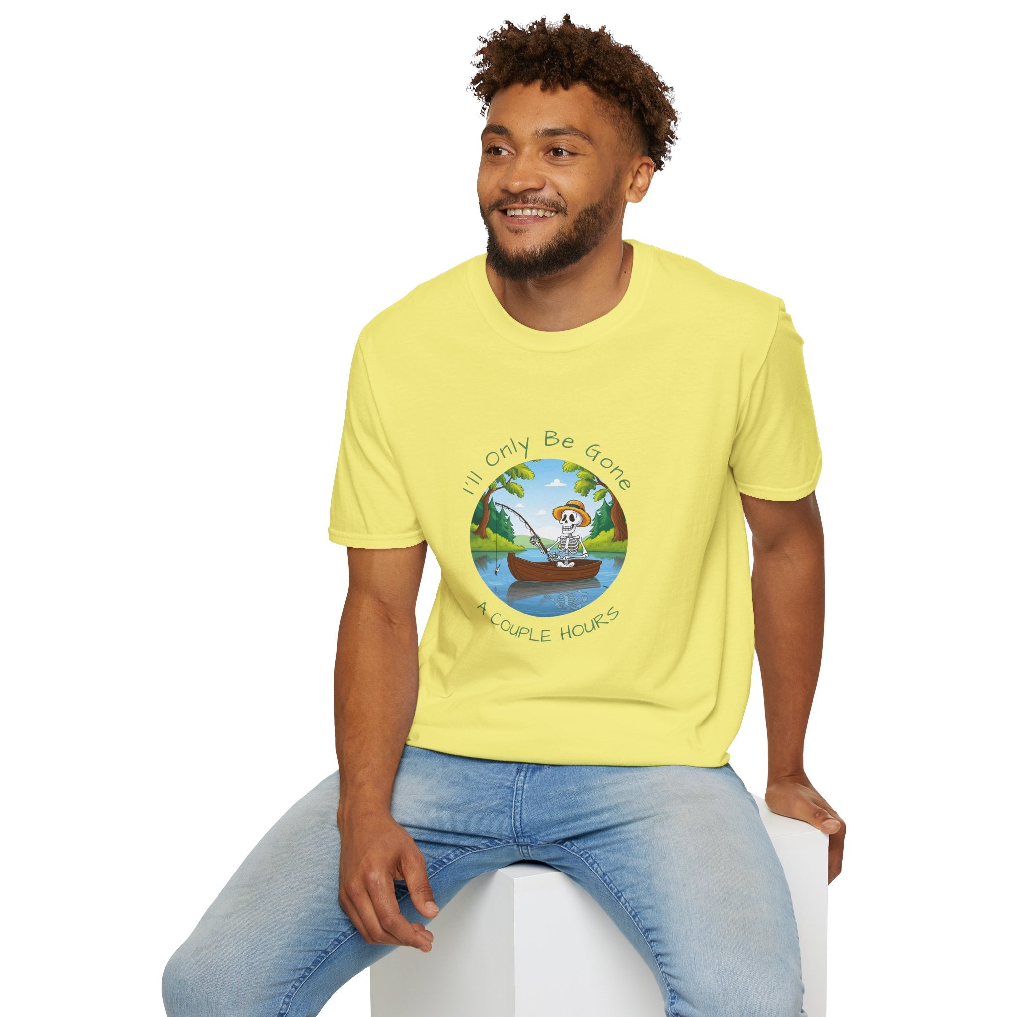 "I'll Only Be Gone A Couple Hours" Fishing Theme Unisex Softstyle T-Shirt – Perfect for Nature Lovers & Weekend Adventurers