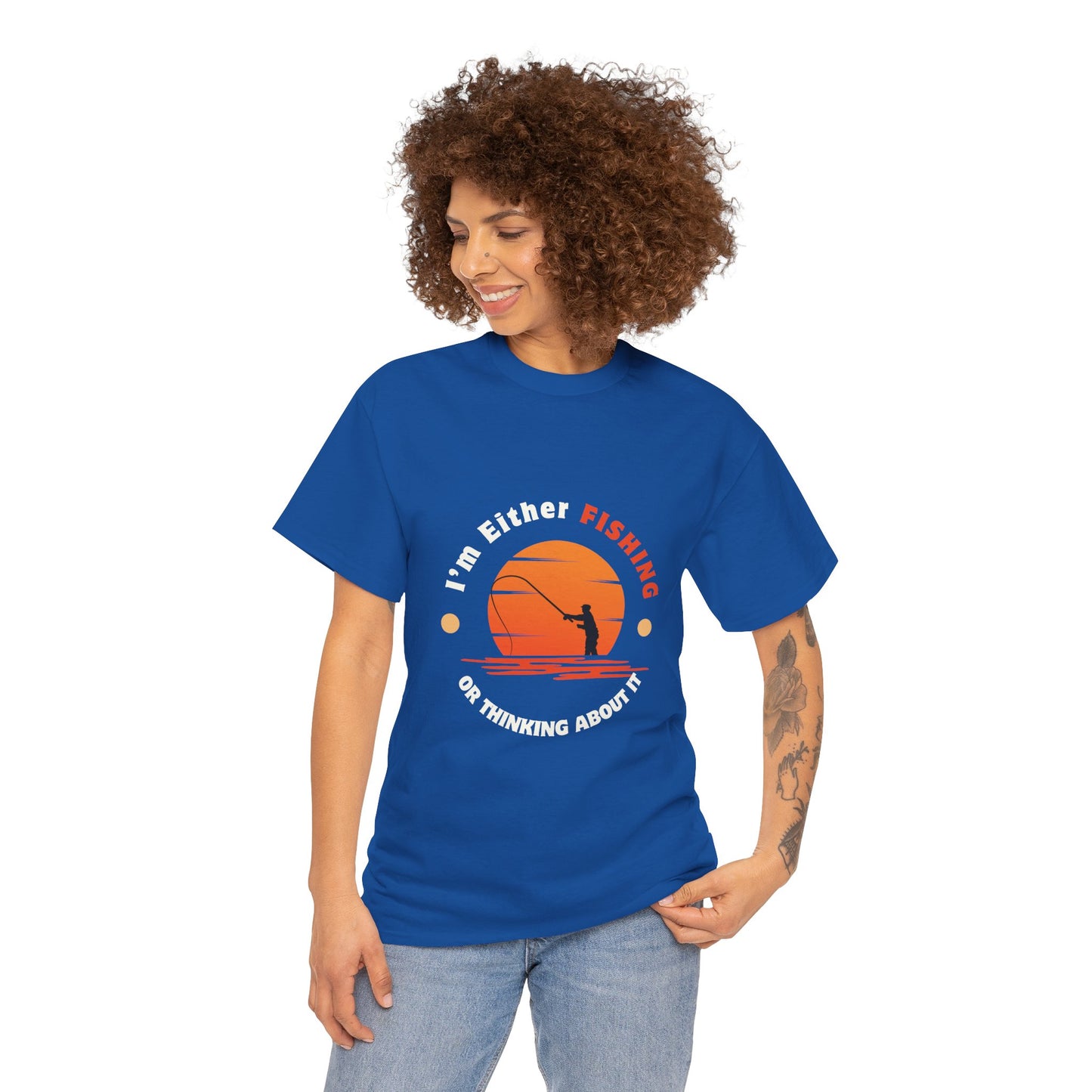 "I'm Either Fishing or Thinking About It" Unisex Heavy Cotton Tee - Relaxed Fit Fishing Apparel