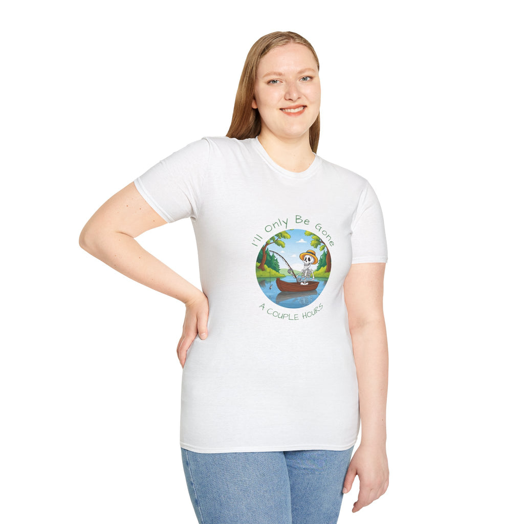 "I'll Only Be Gone A Couple Hours" Fishing Theme Unisex Softstyle T-Shirt – Perfect for Nature Lovers & Weekend Adventurers