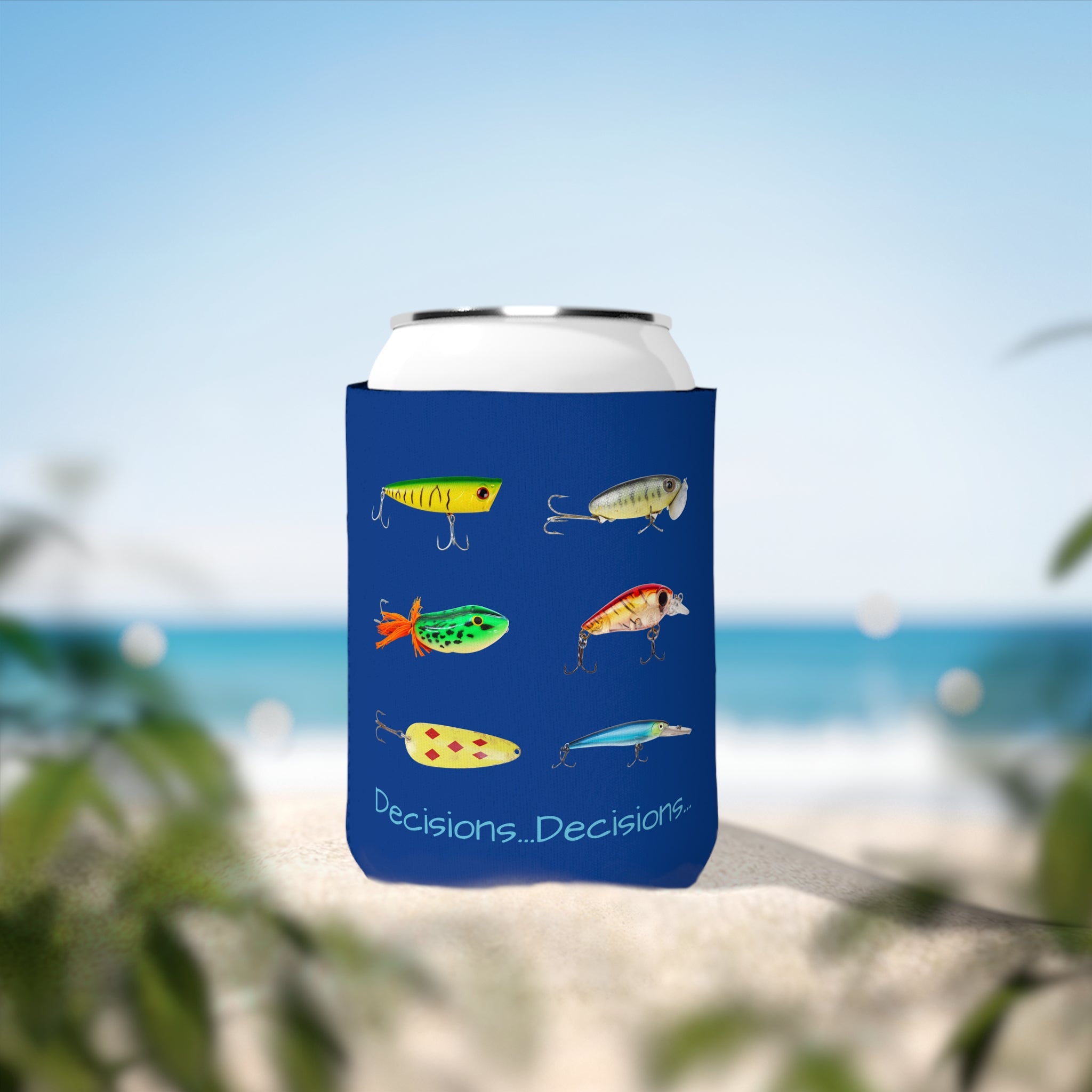 "Decisions...Decisions..." Funny Fishing Can Cooler Sleeve — Gift for Anglers