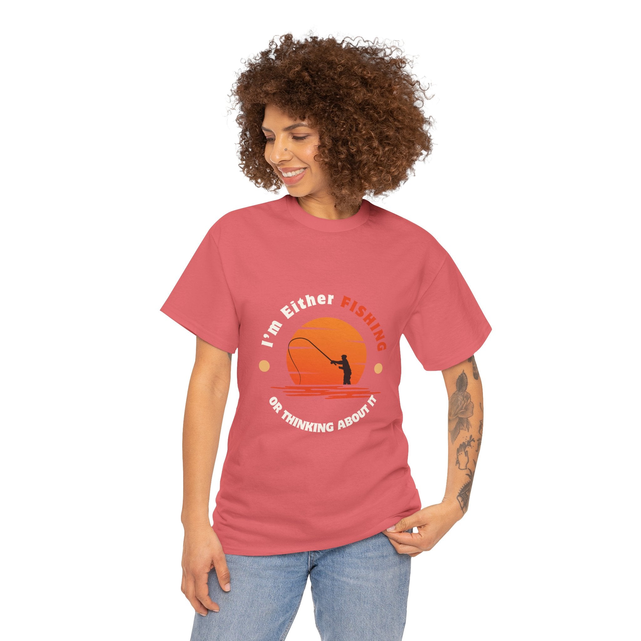 "I'm Either Fishing or Thinking About It" Unisex Heavy Cotton Tee - Relaxed Fit Fishing Apparel