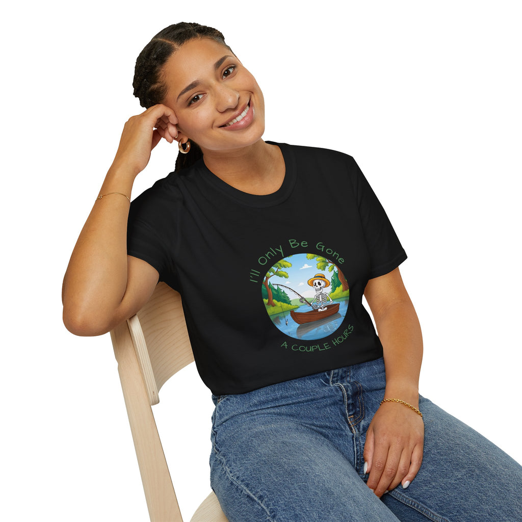 "I'll Only Be Gone A Couple Hours" Fishing Theme Unisex Softstyle T-Shirt – Perfect for Nature Lovers & Weekend Adventurers
