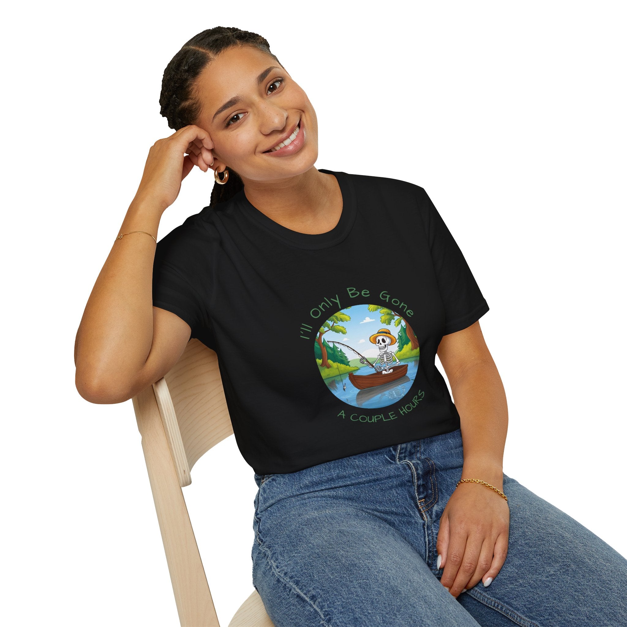 "I'll Only Be Gone A Couple Hours" Fishing Theme Unisex Softstyle T-Shirt – Perfect for Nature Lovers & Weekend Adventurers